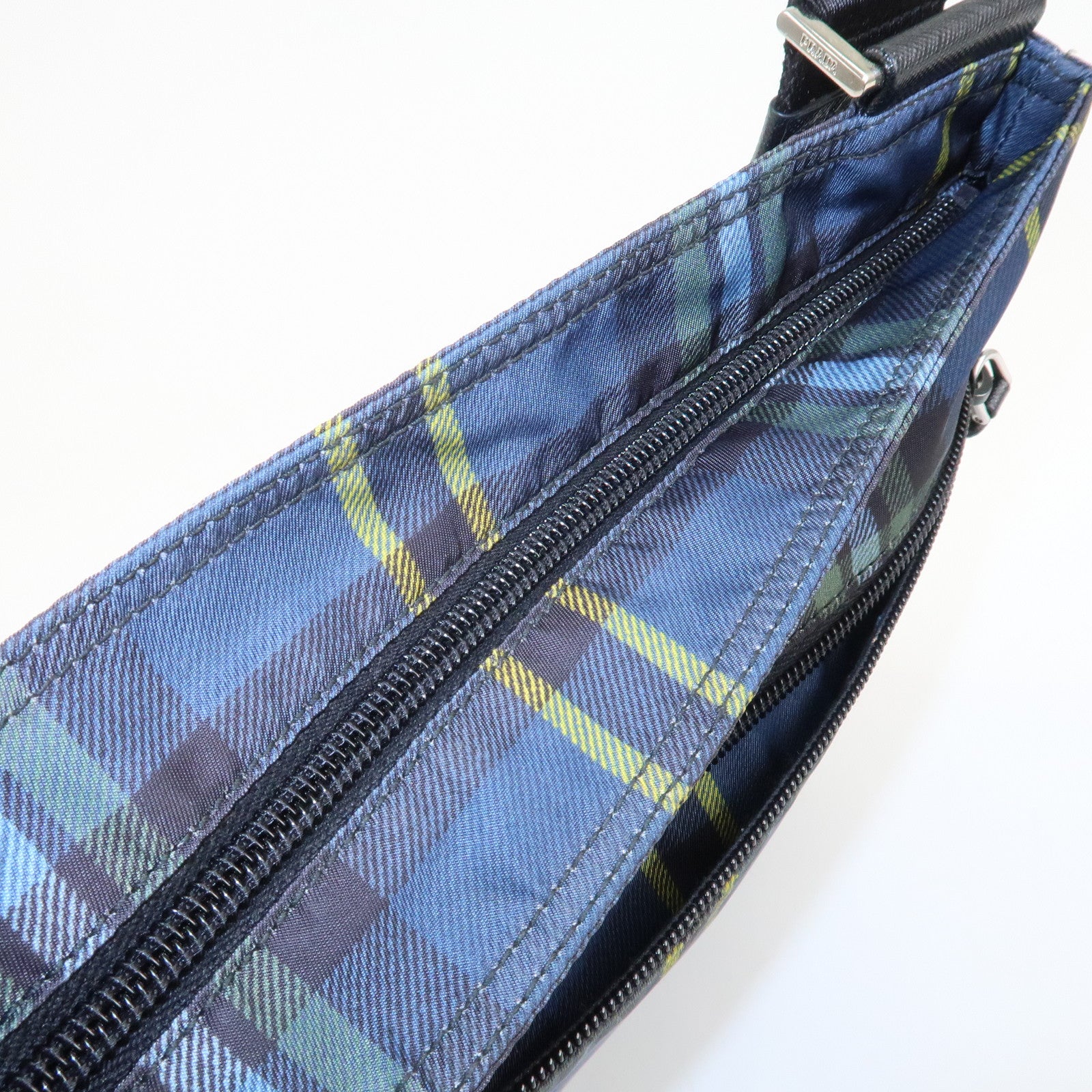 PRADA Triangle Logo Nylon Plaid Shoulder Bag Navy Multicolor VA053M Used