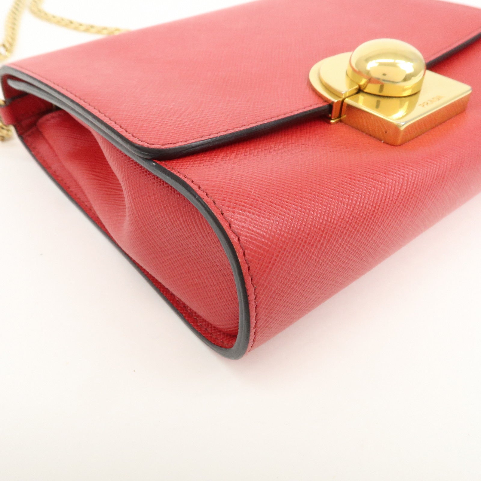 PRADA Logo Saffiano Leather Chain Shoulder Bag Red 1BH007