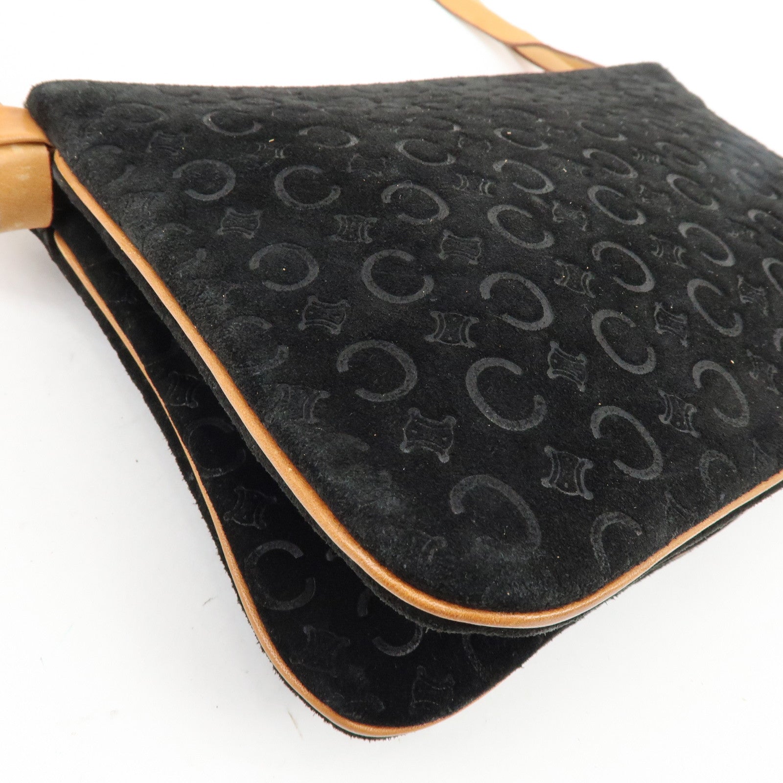 CELINE C Macadam Suede Leather Shoulder Bag Hand Bag Black Brown
