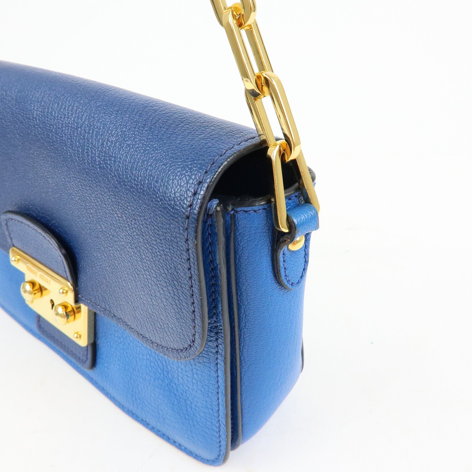 MIU MIU Madras Leather Shoulder Bag Crossbody Bag Blue RT0544