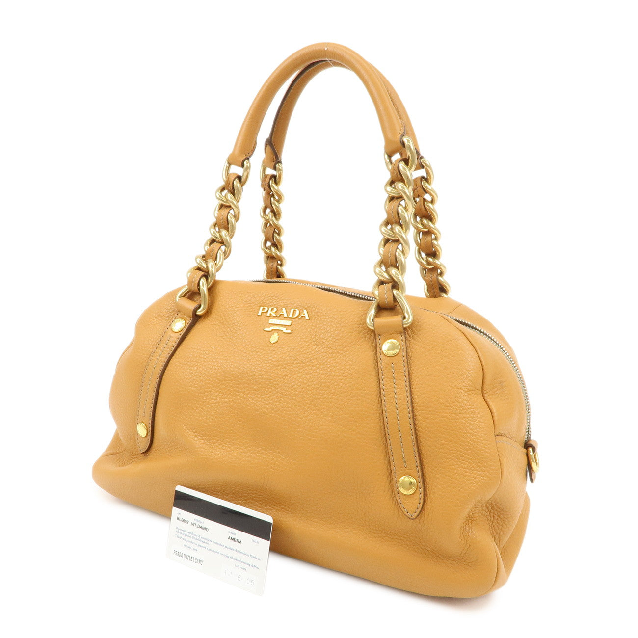 PRADA Logo Leather Chain Shoulder Bag Boston Bag Hand Bag Camel BL0692 Used