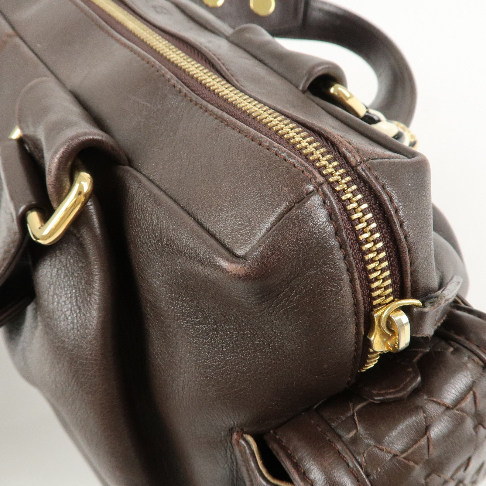 BVLGARI Leoni Leather Hand Bag Boston Bag Brown Gold Hardware Used