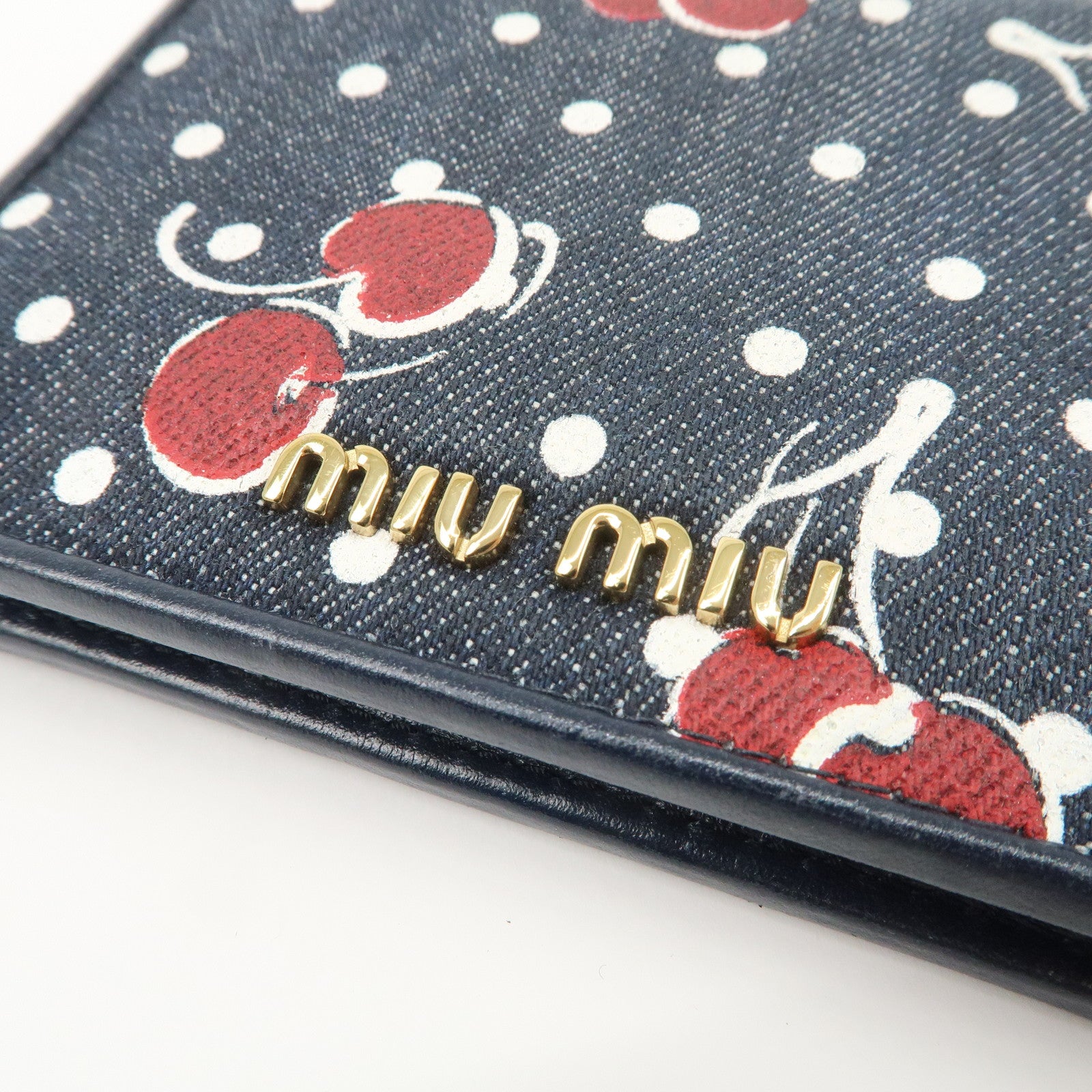 MIU MIU Cherry Denim Leather Bifold Compact Wallet Navy Red Used
