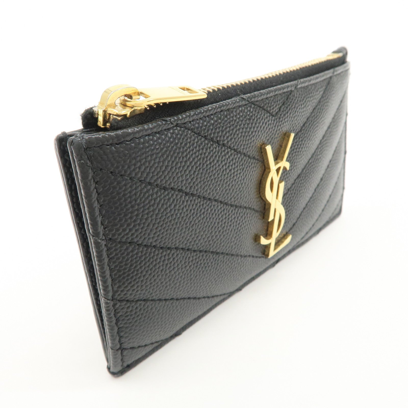 SAINT LAURENT Leather Card Case Black Gold Hardware