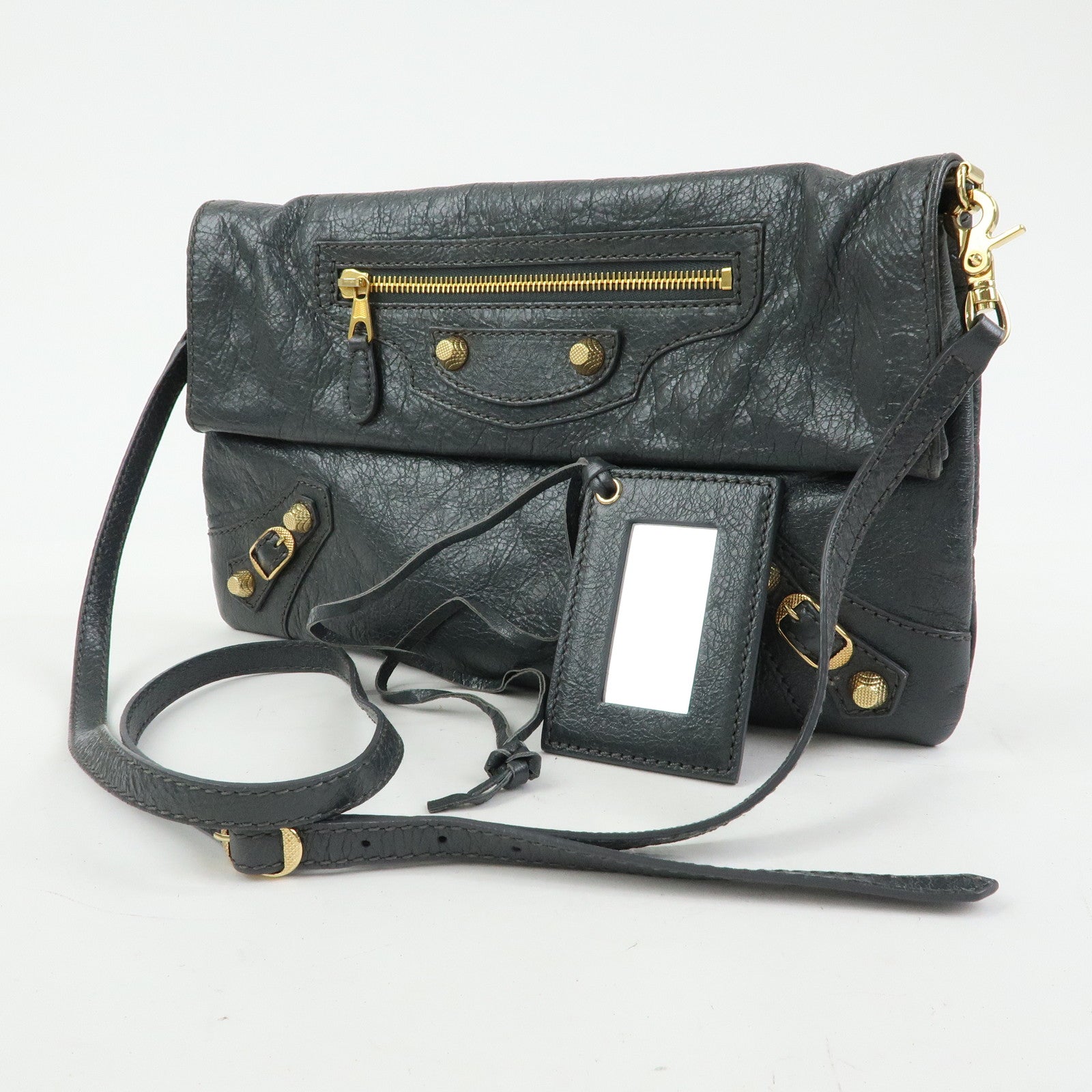 BALENCIAGA Leather Giant Envelope Clutch Shoulder Bag Grey 327079