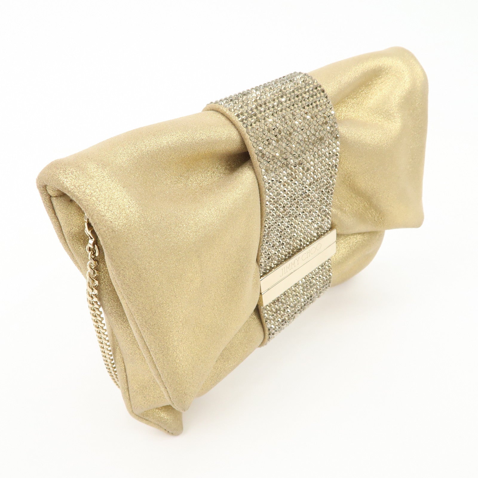 JIMMY CHOO Leather Mini Chain Shoulder Bag Rhine Stone Gold