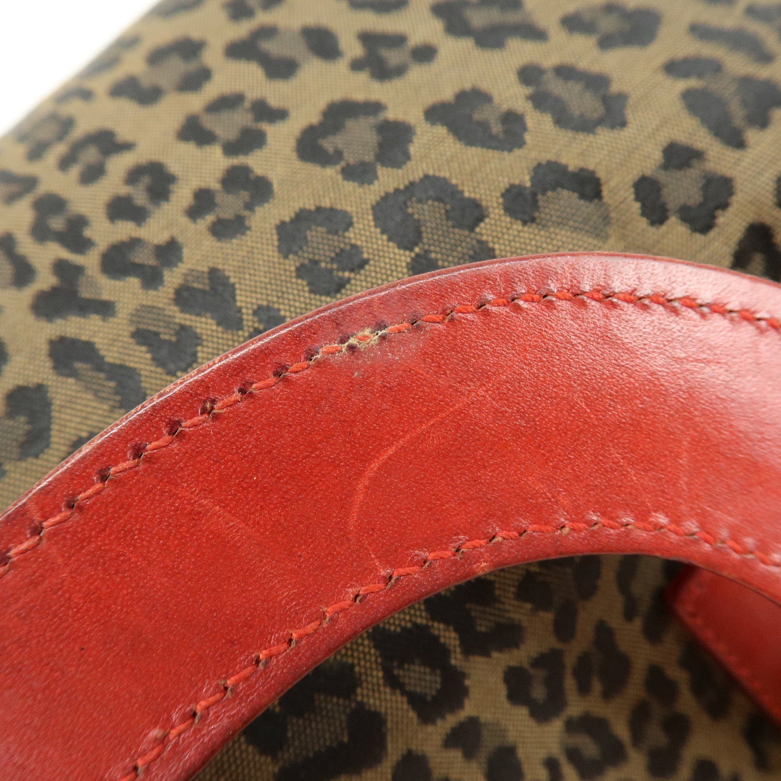 FENDI Canvas Leather Hand Bag Boston Bag Leopard Brown Red