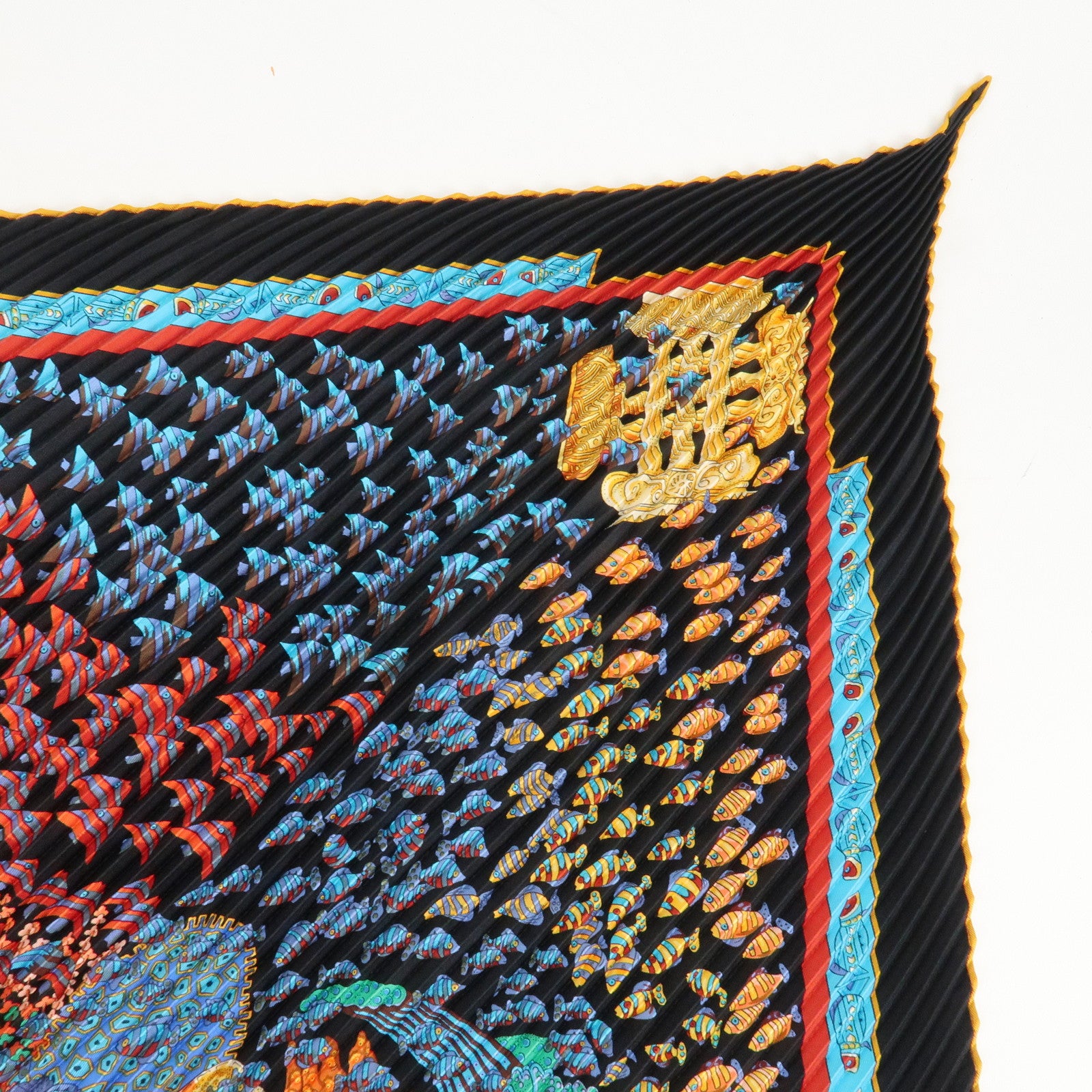 HERMES 100% Silk Pleats Carre Scarf ASTRES et SOLEILS Blue Multi Color Used