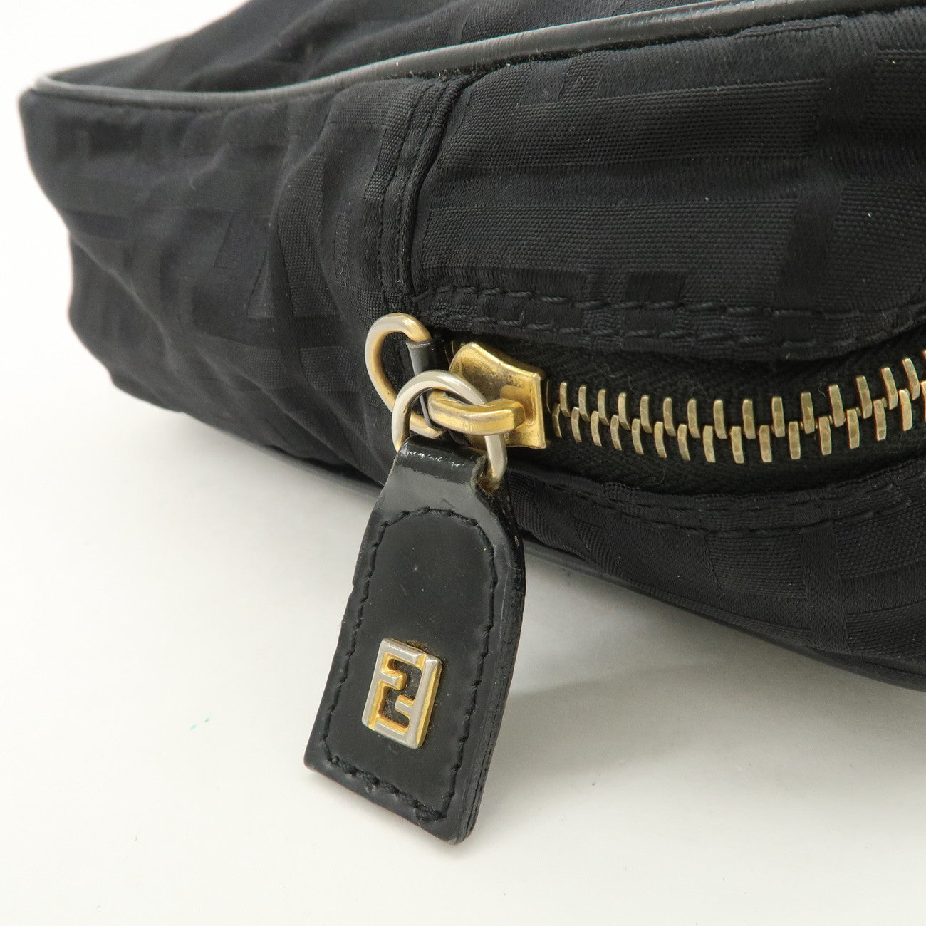FENDI Zucca Nylon Hand Bag Shoulder Bag Black Gold