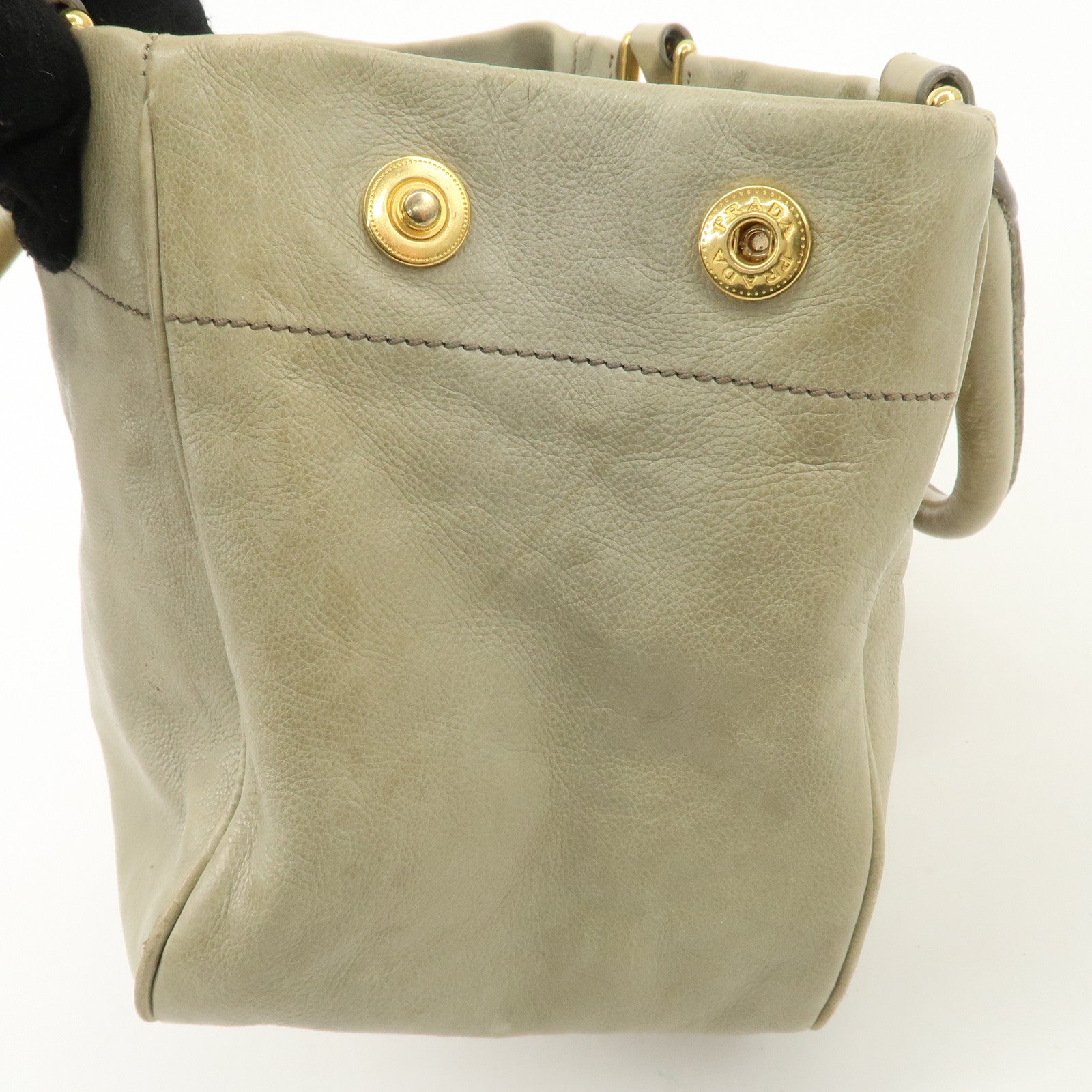 PRADA Logo Ribon Leather 2WAY Tote Bag Hand Bag Beige Gold HDW BN2245 Used