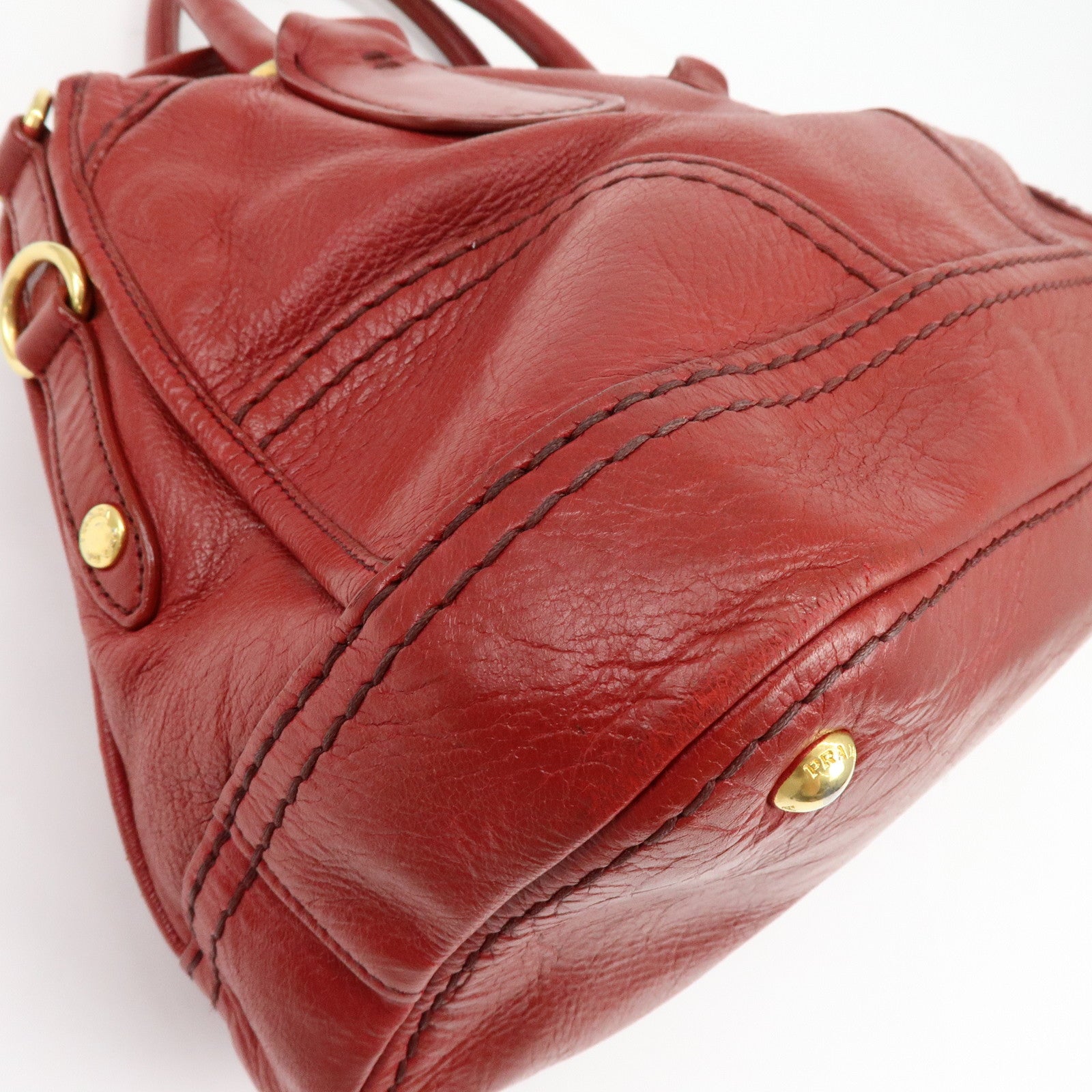 PRADA Cervo Shine Leather Bowler Bag 2Way Tote Bag Red BL0688