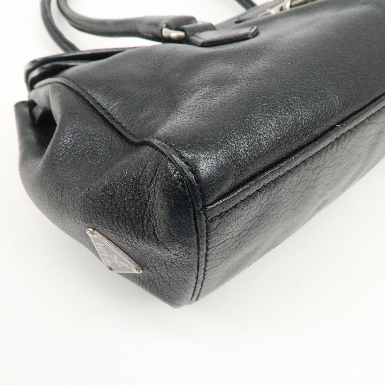 PRADA Triangle Logo Leather Shoulder Bag Hand Bag Black