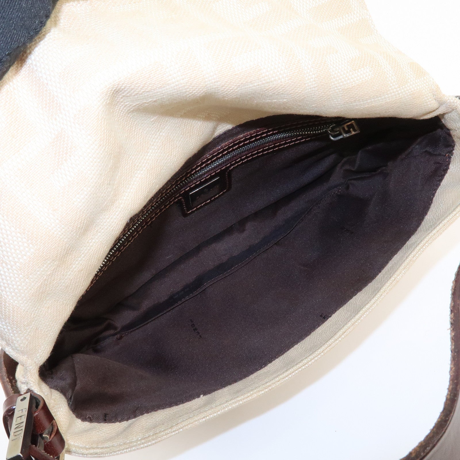FENDI Mamma Baguette Zucca Leather Canvas Hand Bag Beige Brown 26424 Used