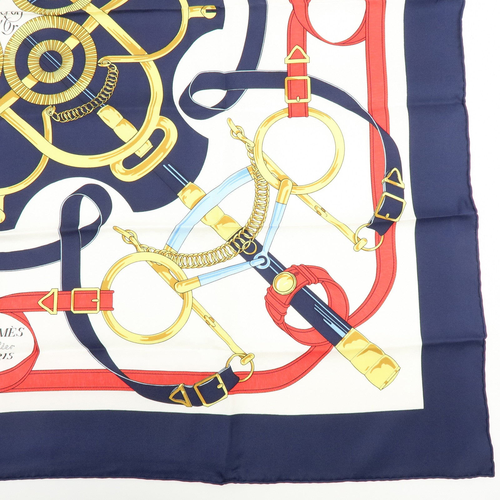HERMES Carre 90 Silk 100% Scarf Eperon d'or Navy White Yellow Red