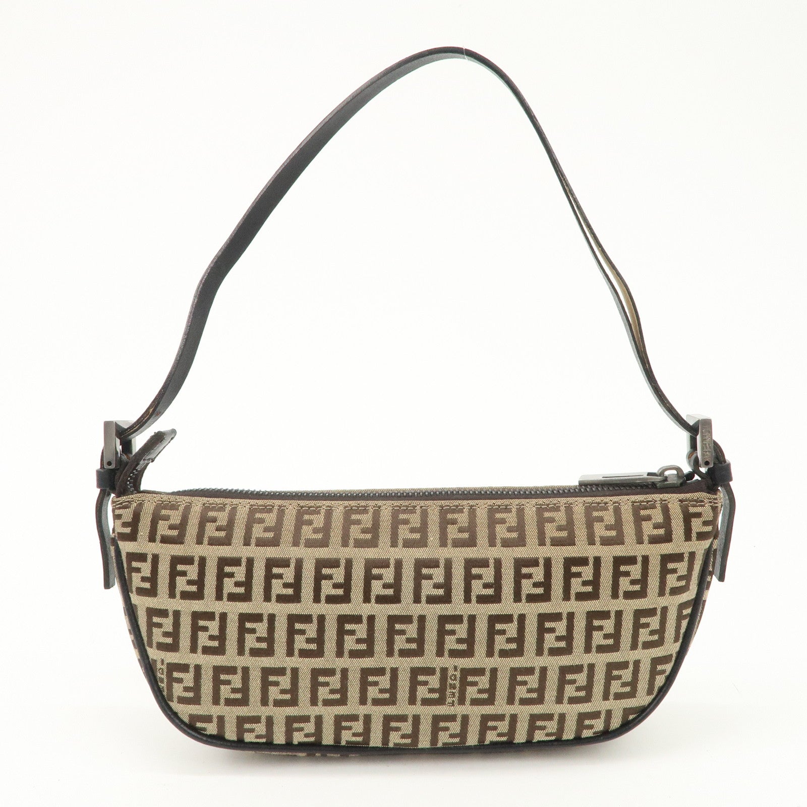 FENDI Zucchino Canvas Leather Shoulder Bag Brown Beige 8BR133 Used