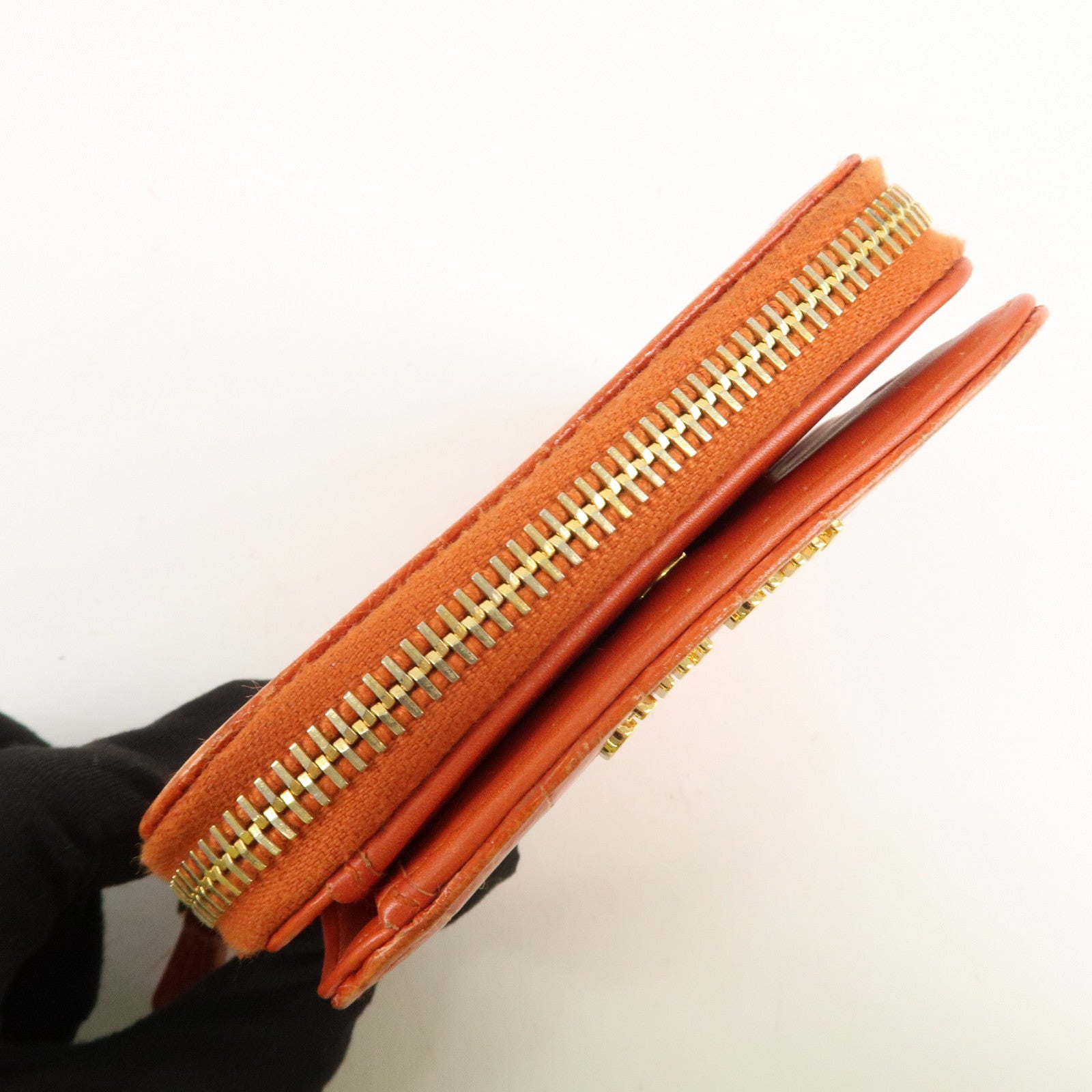 MIU MIU Leather Bi-Fold Wallet Compact Wallet Orange Gold Hardware Used