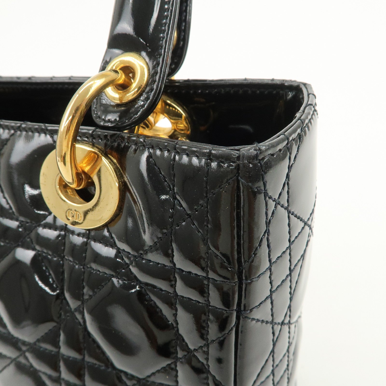 Christian Dior Lady Dior Cannage Patent Leather 2Way Hand Bag Black