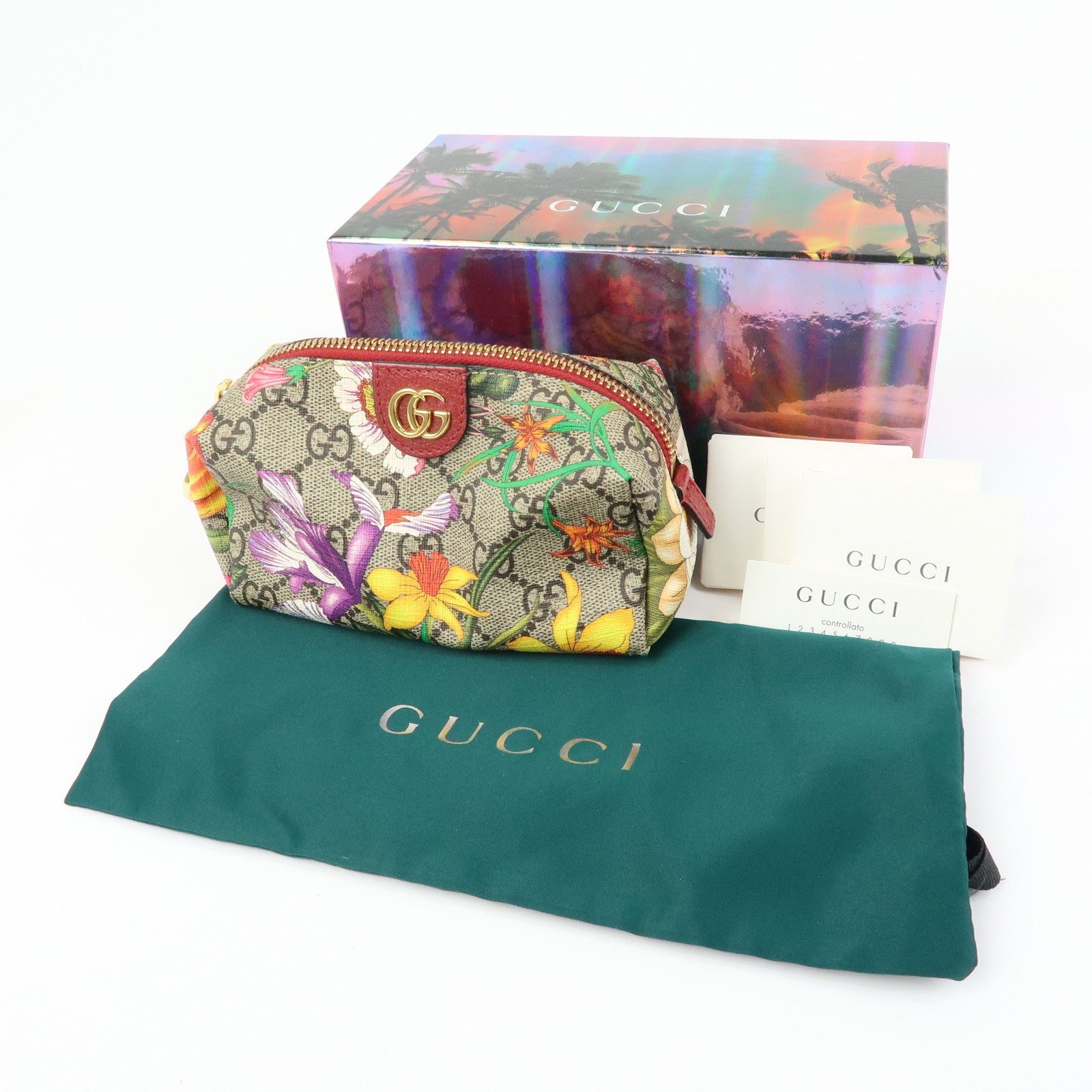 GUCCI GG Marmont Flora GG Supreme Cosmetic Pouch Beige Red 548394