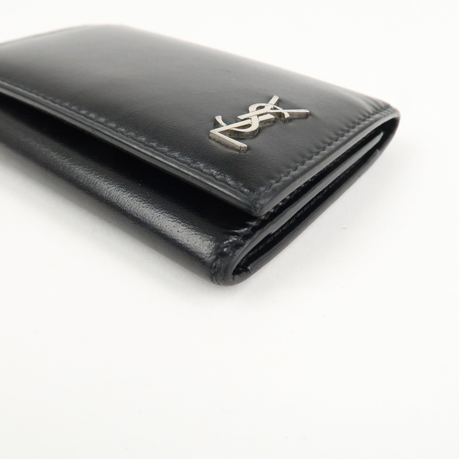 SAINT LAURENT Logo Leather 6 Hook Key Case Black Silver