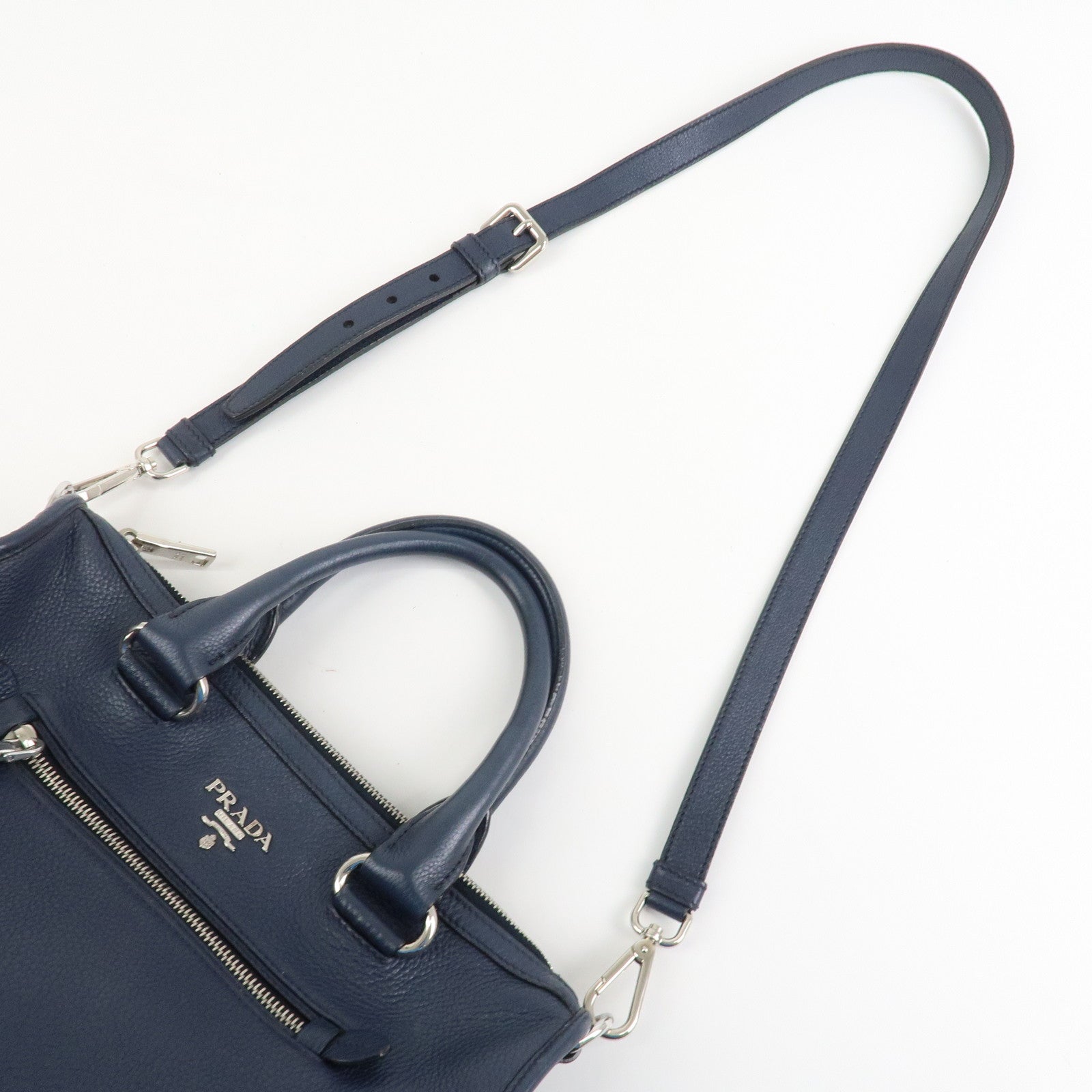 PRADA Logo Leather Vitello Phenix 2WAY Bag Hand Bag Navy 1BB022