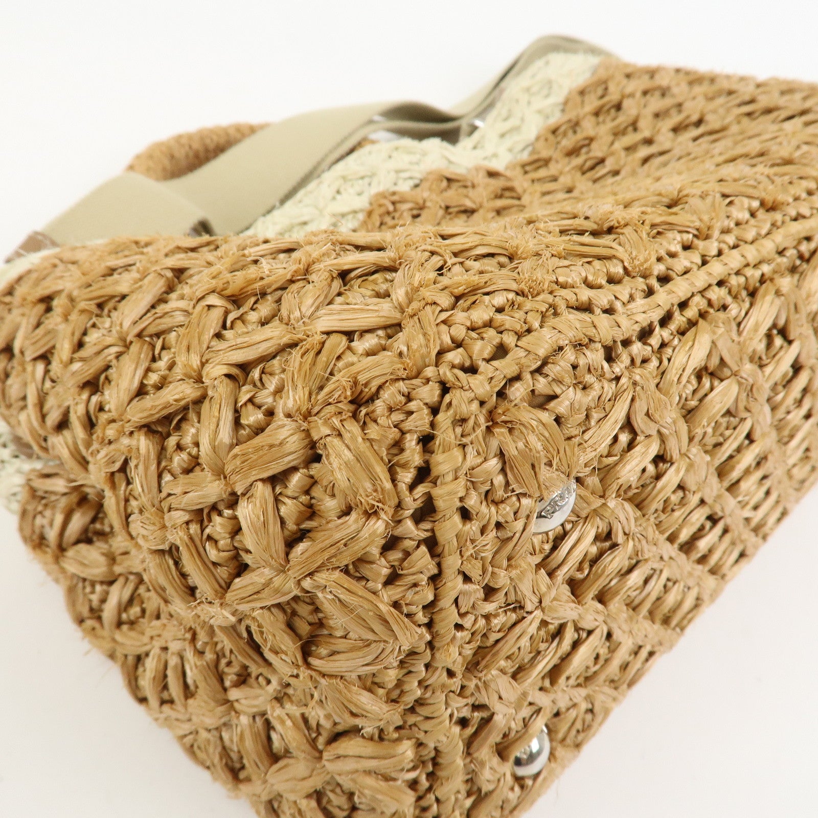 PRADA Canapa Raffia 2 Way Bag Hand Shoulder Bag Brown Ivory BN2889
