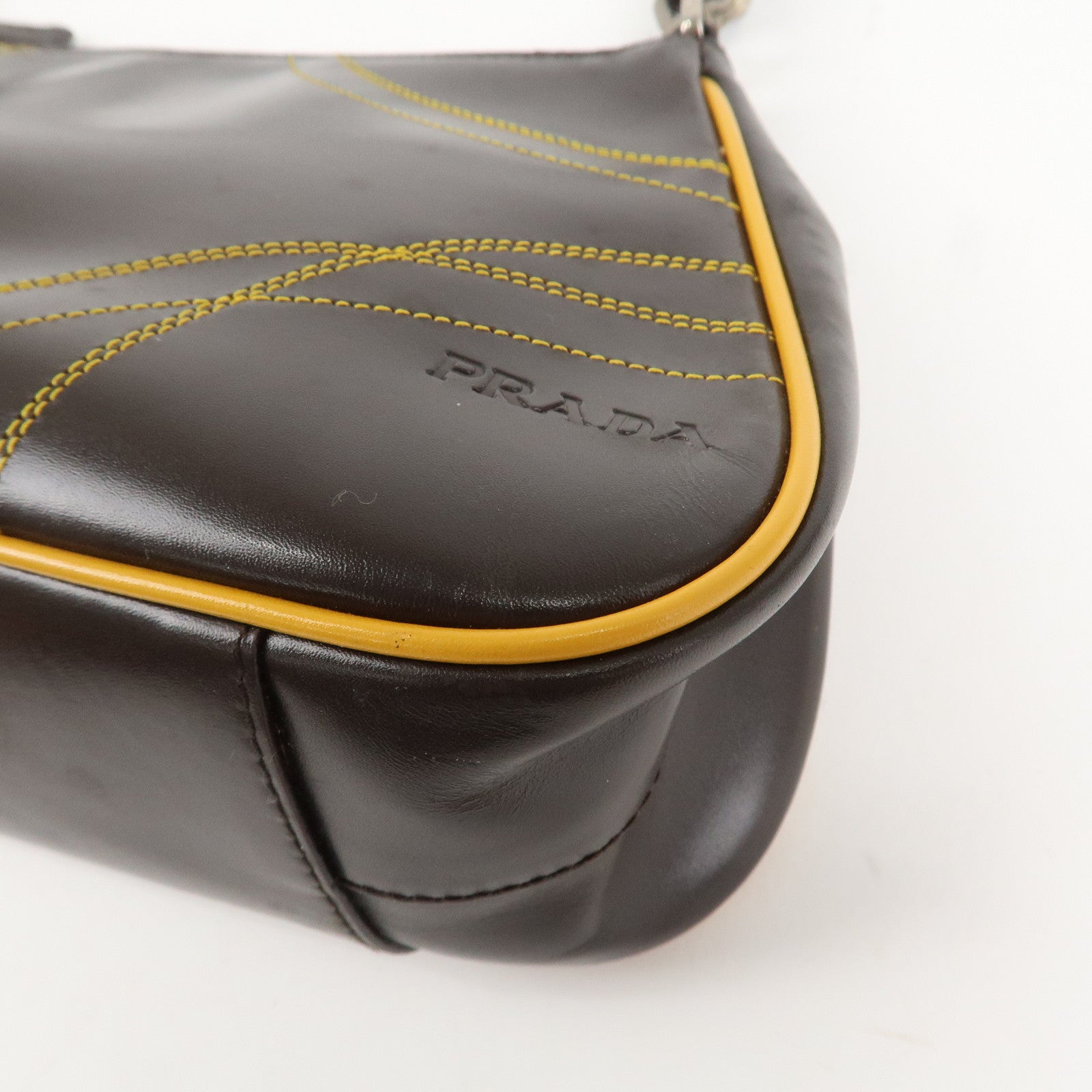 PRADA Logo Leather Shoulder Bag Hand Bag Brown Yellow B11055 Used