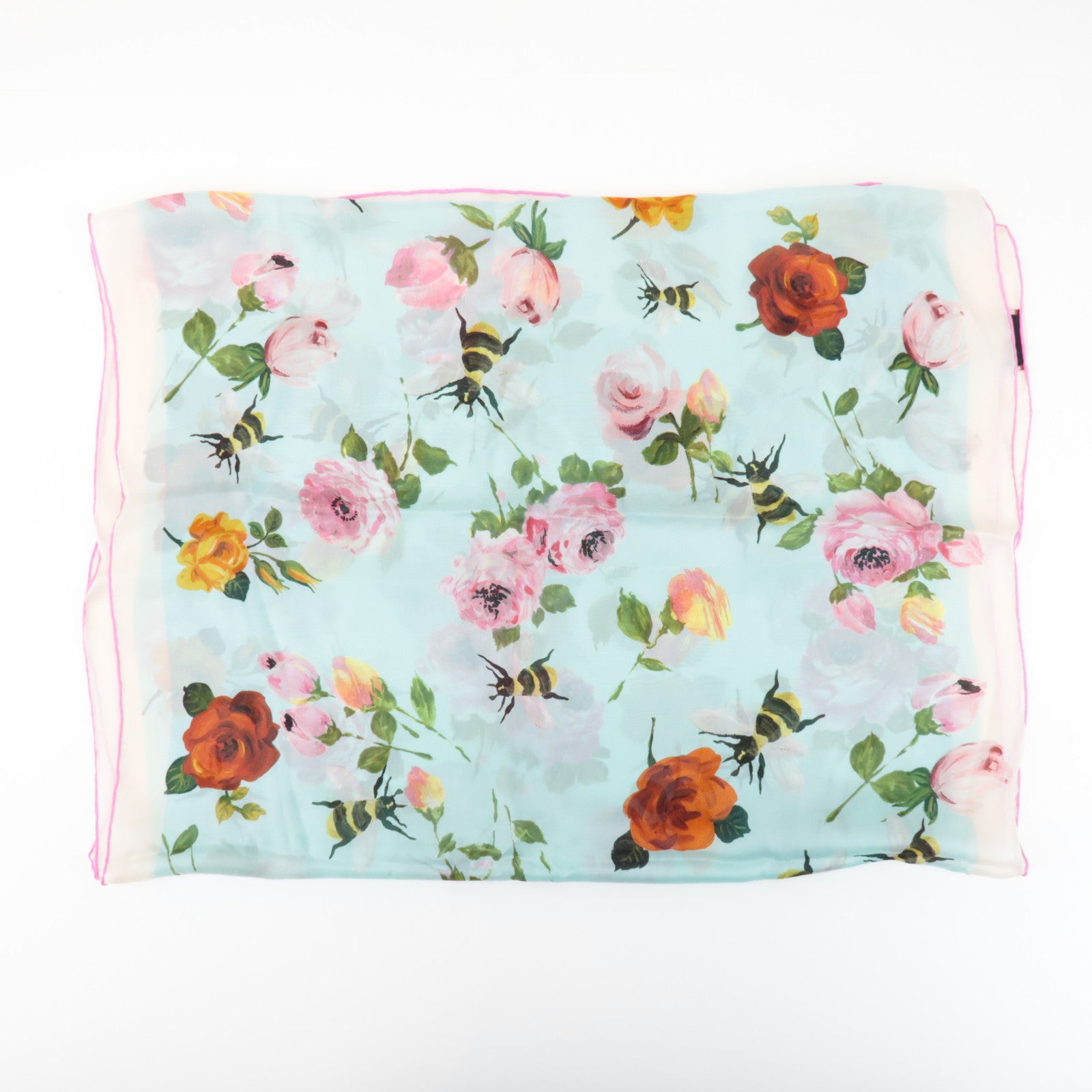 GUCCI Silk 100% 64 ×192 Floral Honey Bee Print Scarf Blue