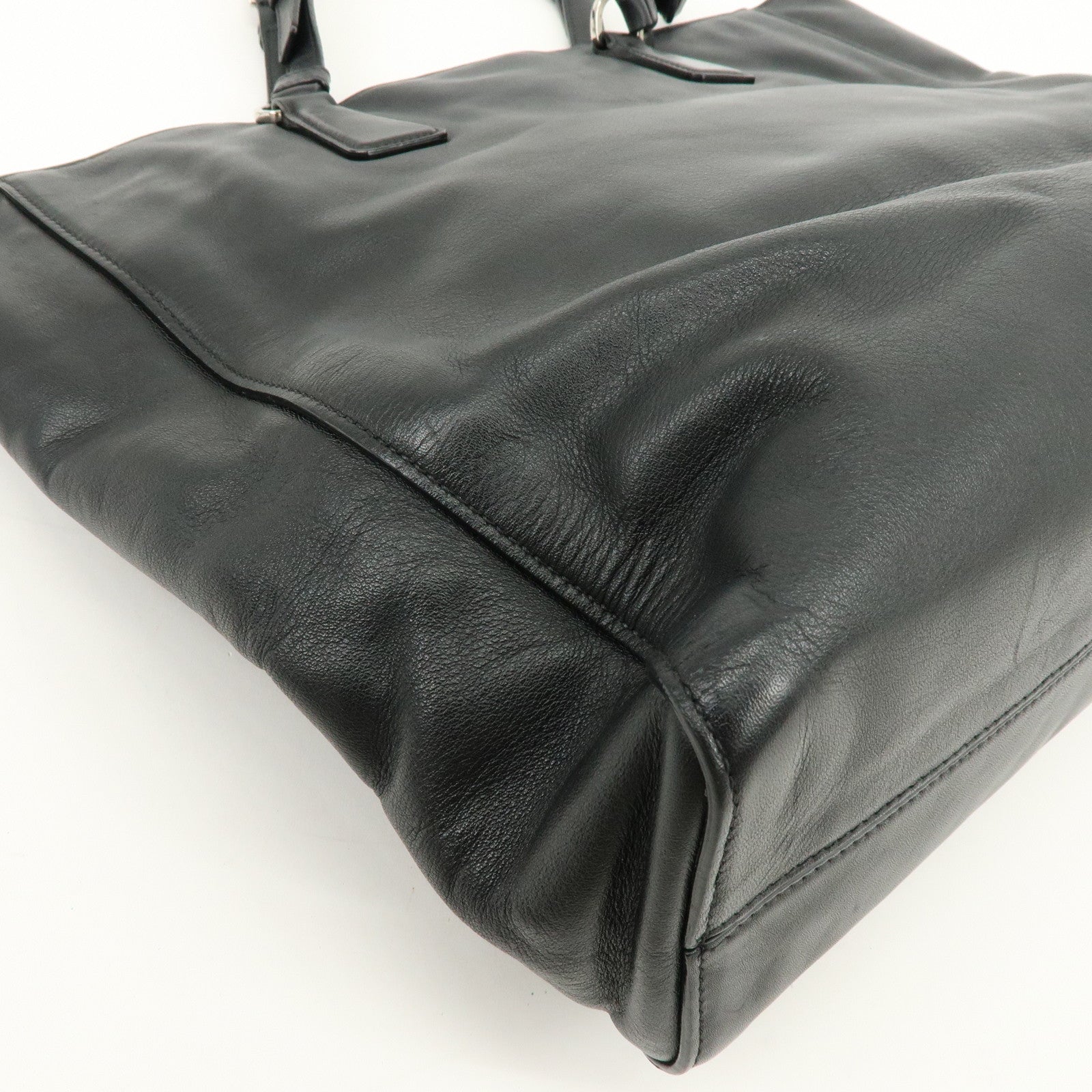 PRADA Triangle Logo Leather Tote Bag Shoulder Bag Black BR5033
