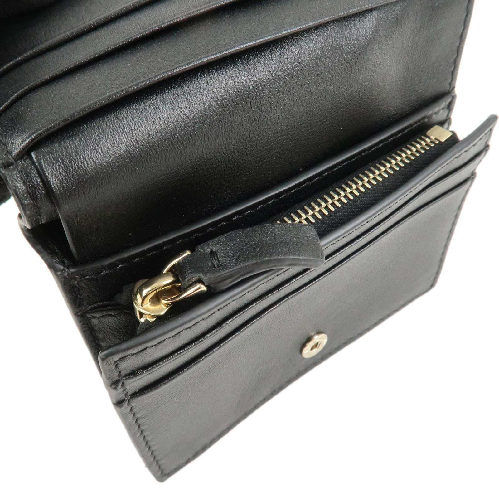 VALENTINO Leather Studs Compact Bi-Fold Wallet Black Gold