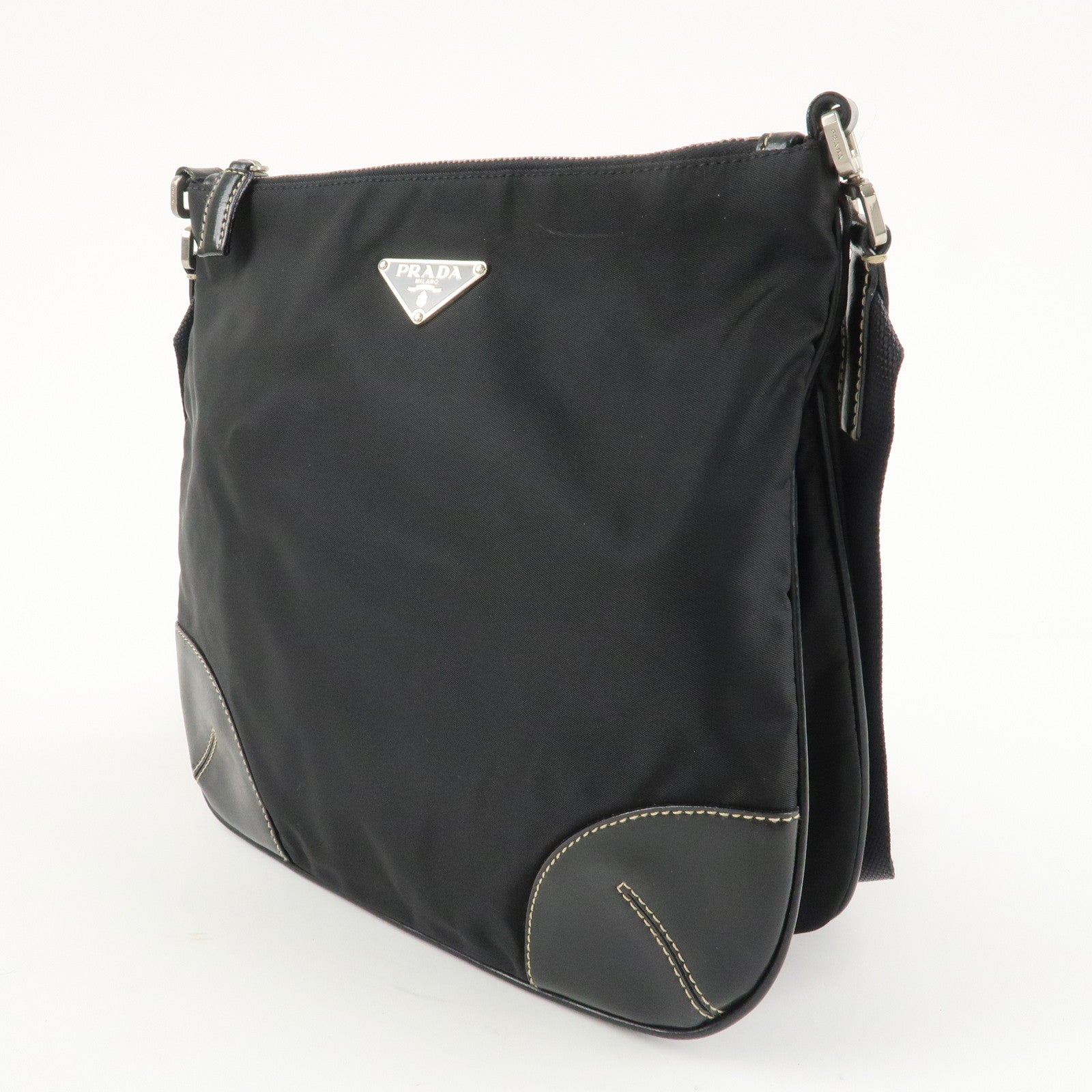 PRADA Triangle Logo Leather Nylon Shoulder Bag Crossbody Bag Black Used