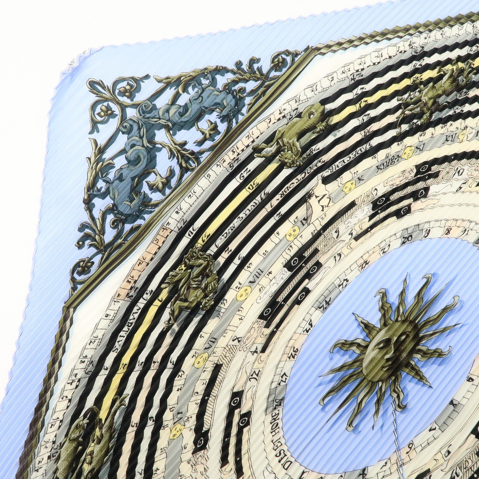 HERMES Pleats Carre Silk 100% Scarf DIES ET HORE Blue Ivory Used