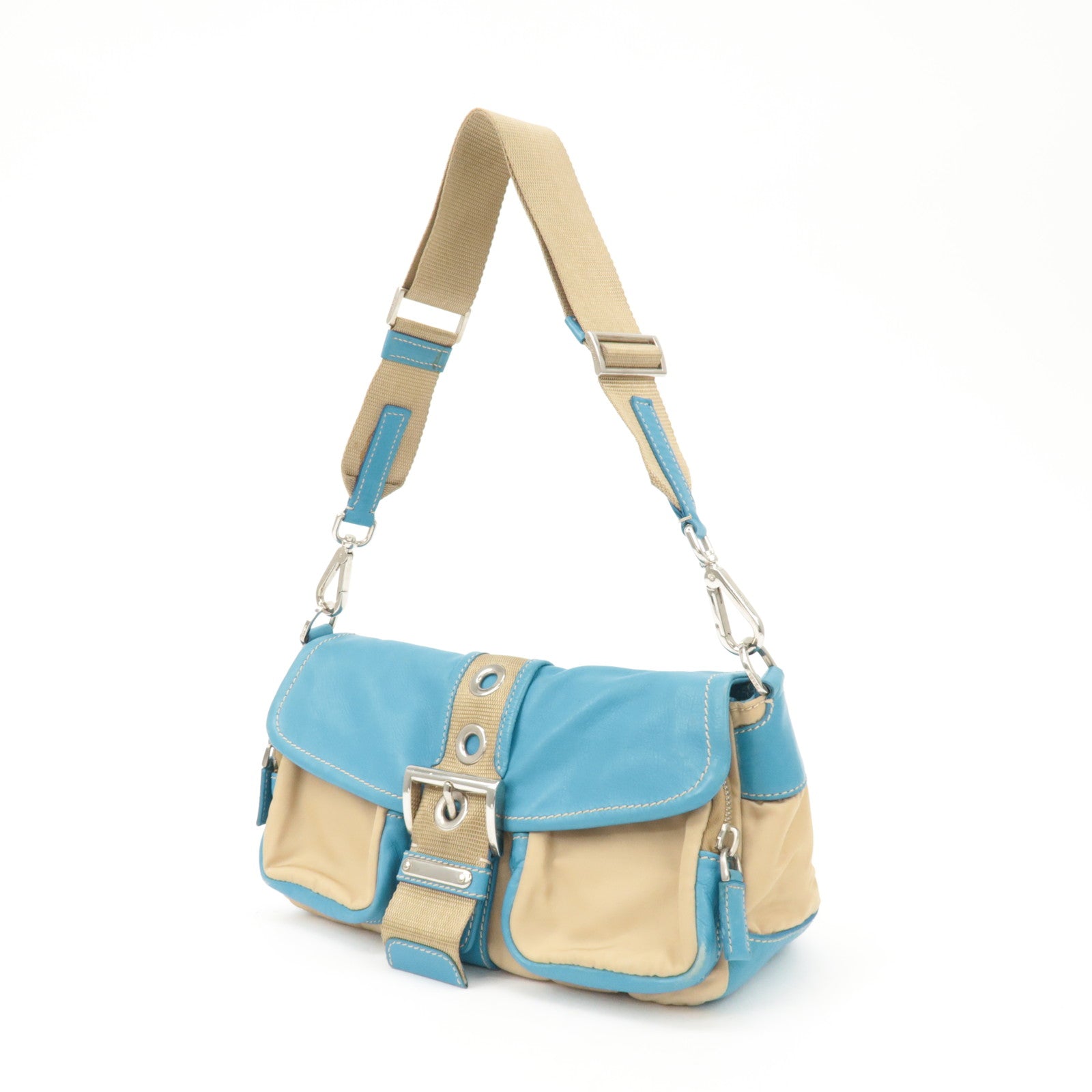 PRADA Nylon Leather Shoulder Bag Crossbody Bag Blue Beige BR2417 Used