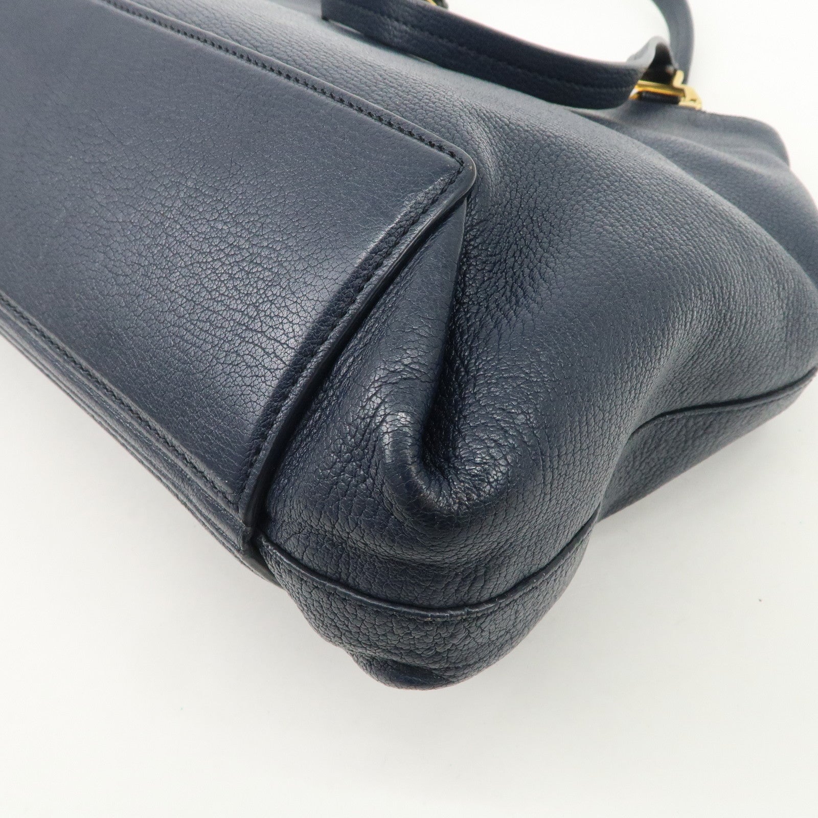 MIUMIU Logo Madras Leather Hand Bag Tote Bag Navy Gold Hardware Used