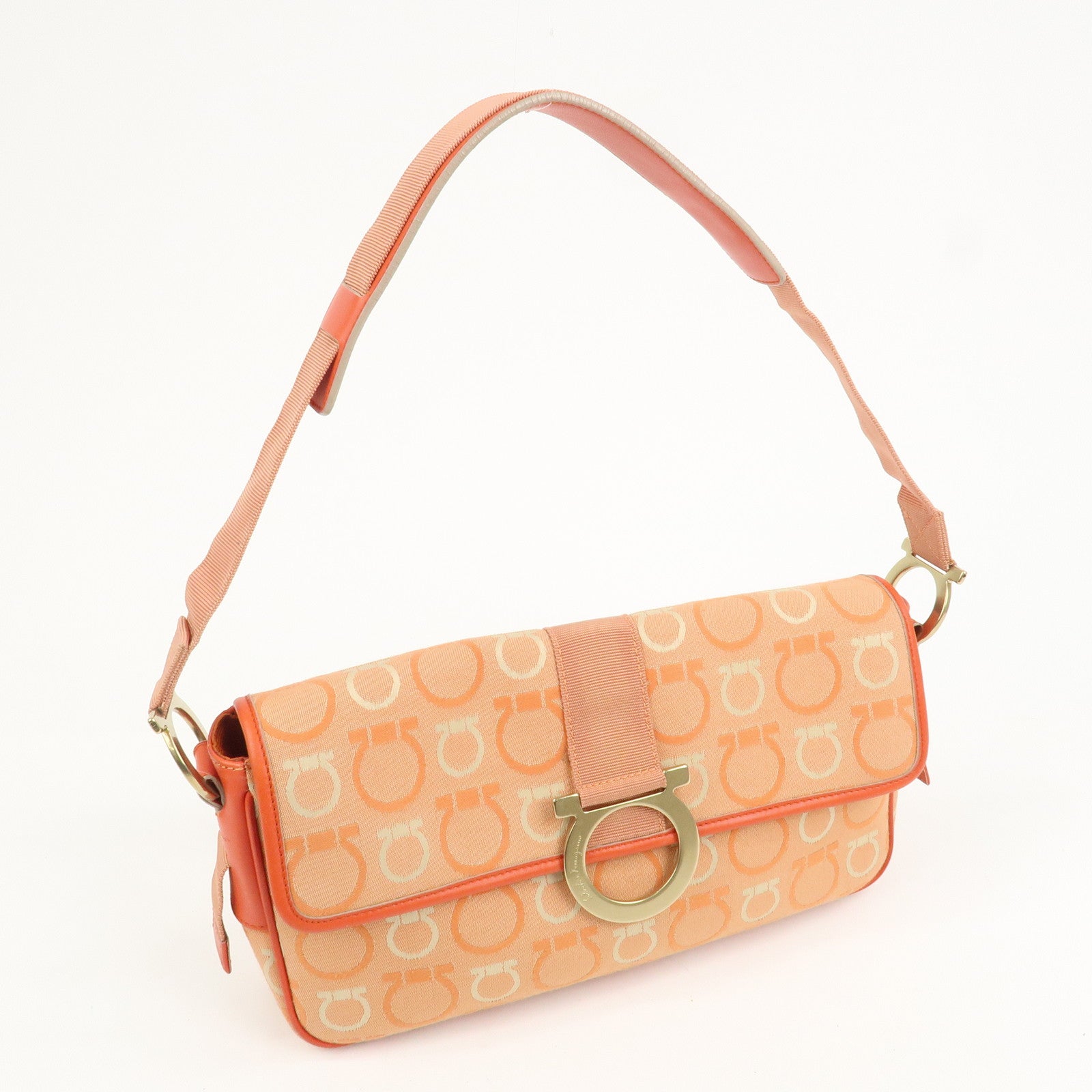 Ferragamo Gancini Canvas Leather Shoulder Bag Orange