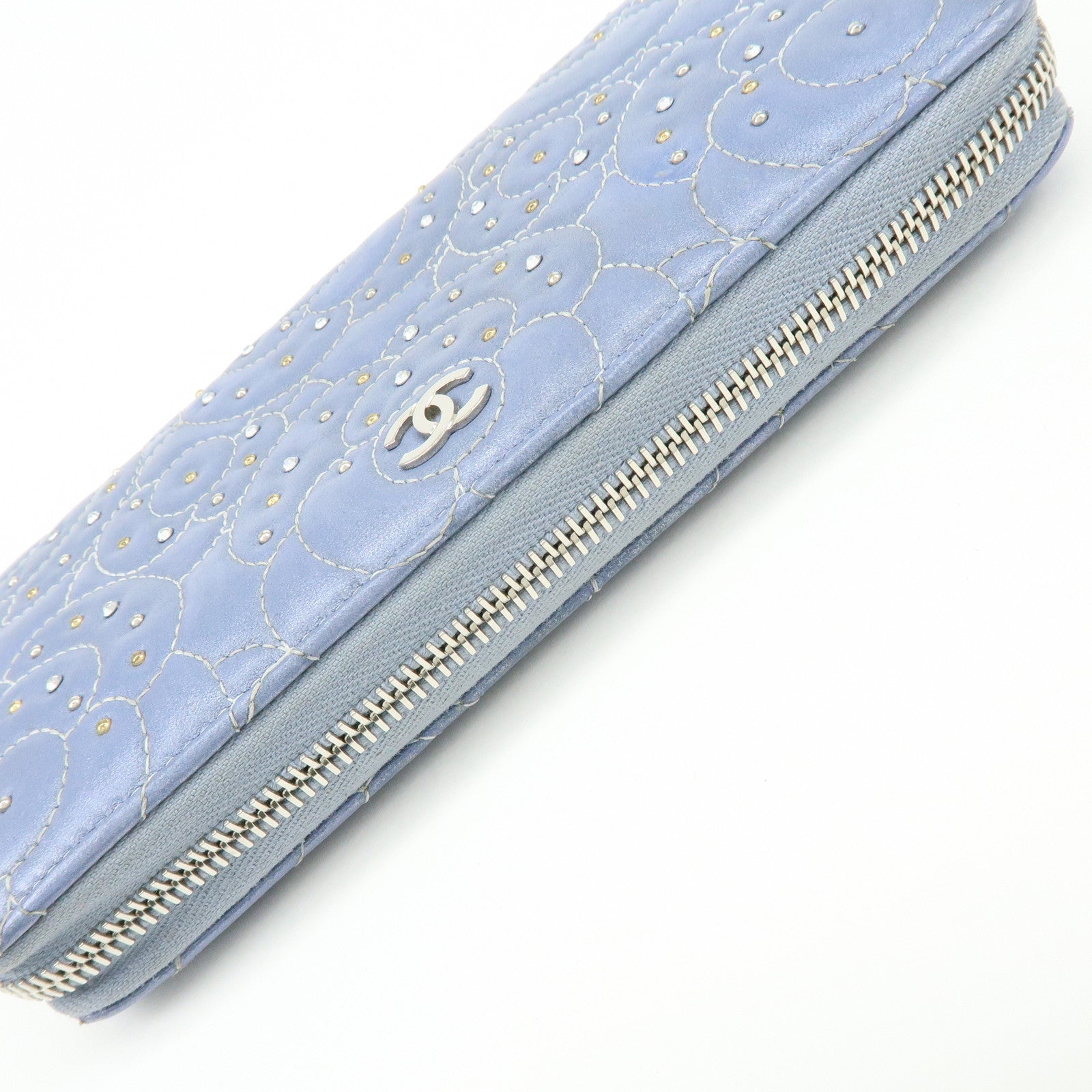 CHANEL Camellia Lamb Skin Round Zippy Wallet Light Blue A82281