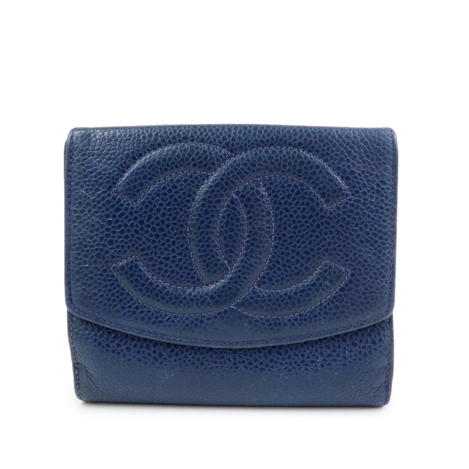 CHANEL COCO Mark Caviarskin W Hook Compact Wallet Navy A01427