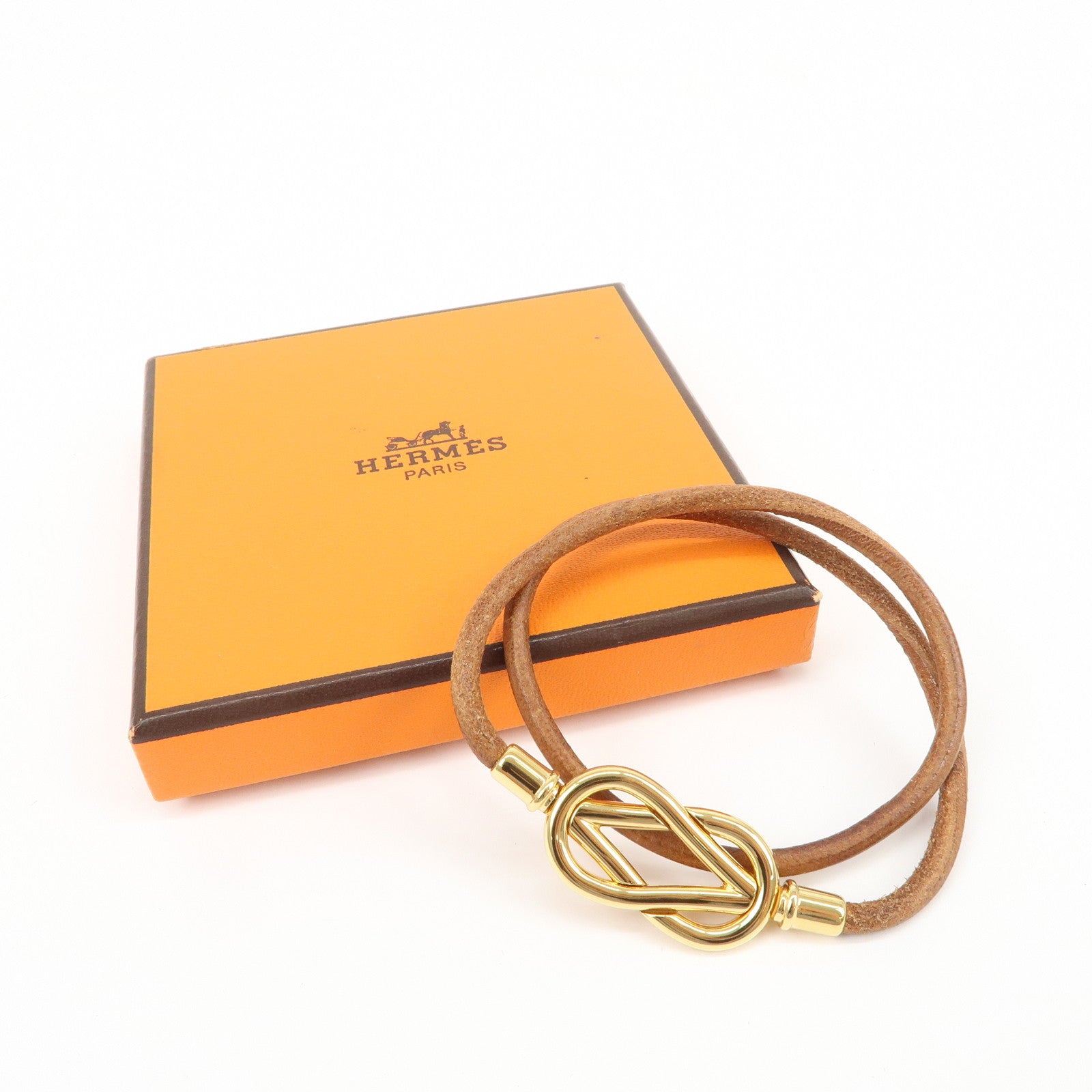 HERMES Leather Double Tour Atame Metal Bracelet Choker Brown