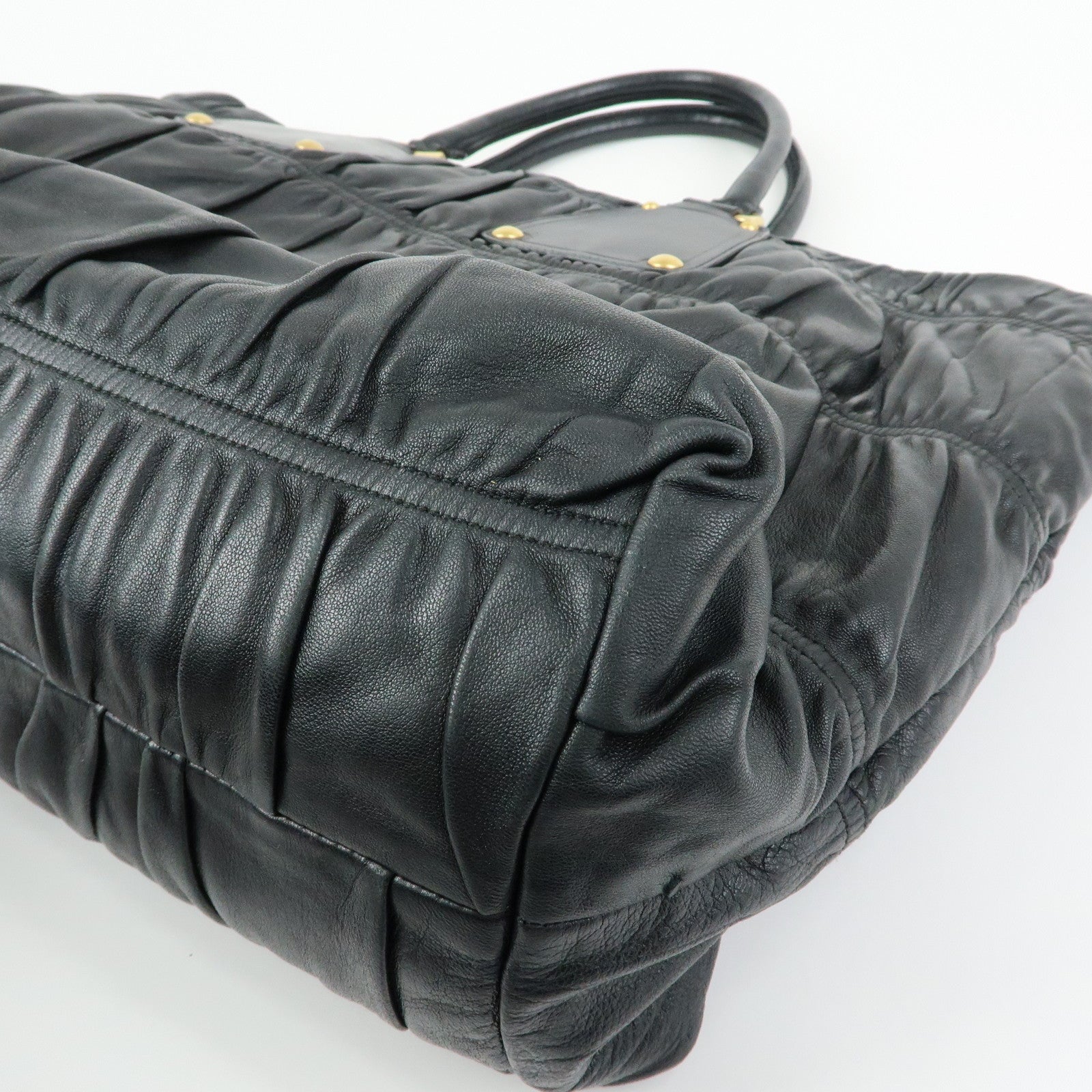 PRADA Logo Leather Gathered Tote Bag Hand Bag Black