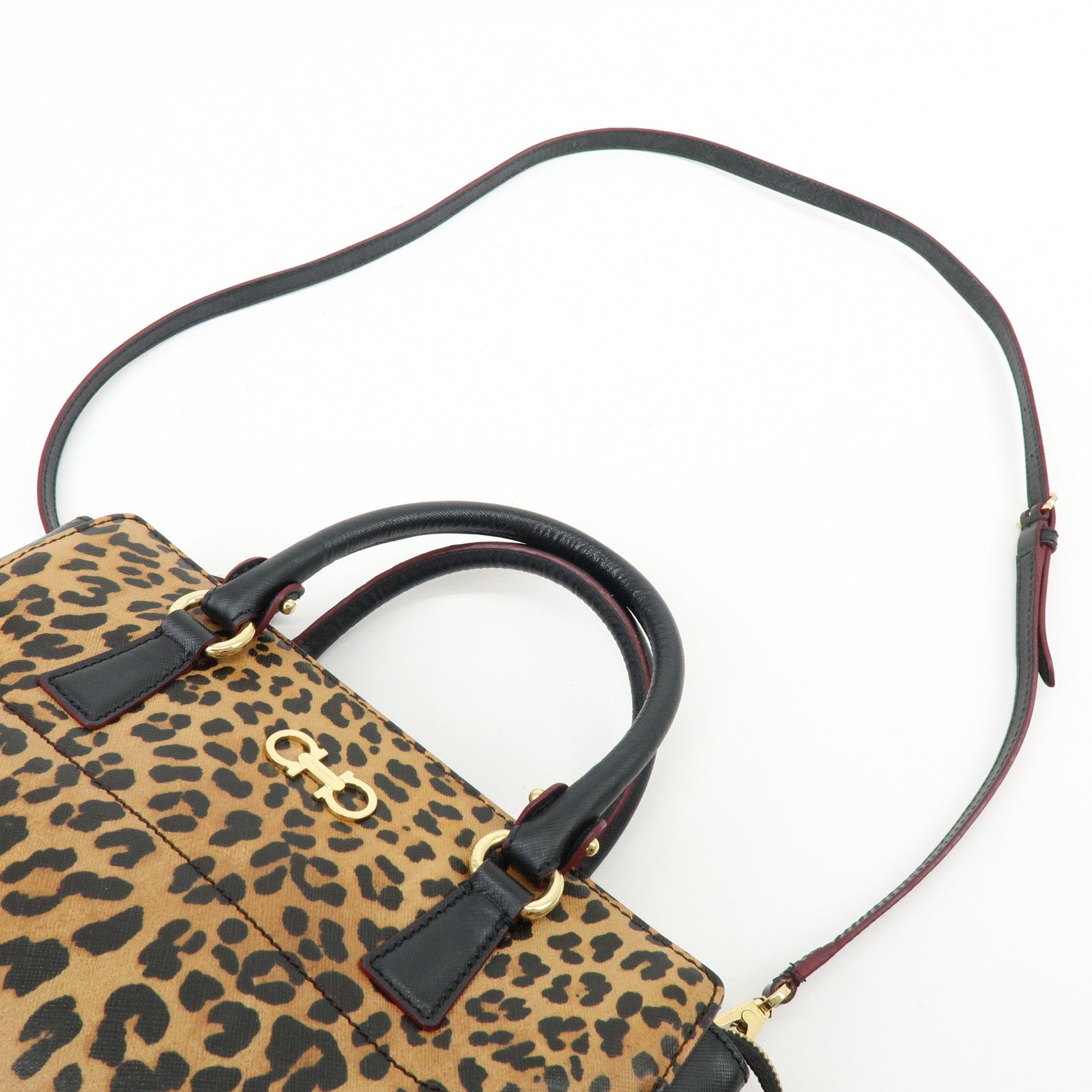 Ferragamo Gancini Leather 2Way Bag Hand Bag Leopard Motif Black