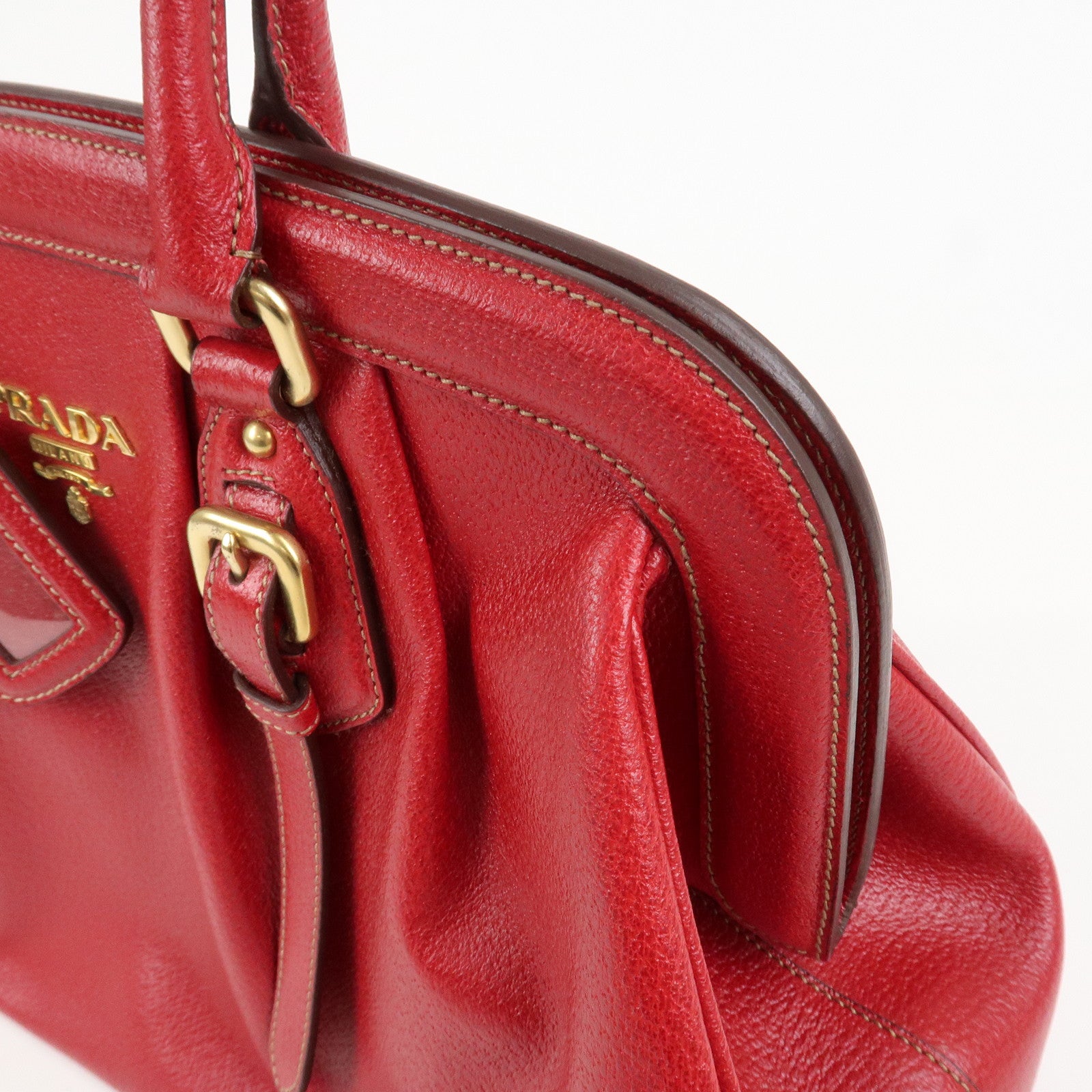 PRADA Logo Leather Hand Bag Shoulder Bag Red BR3508