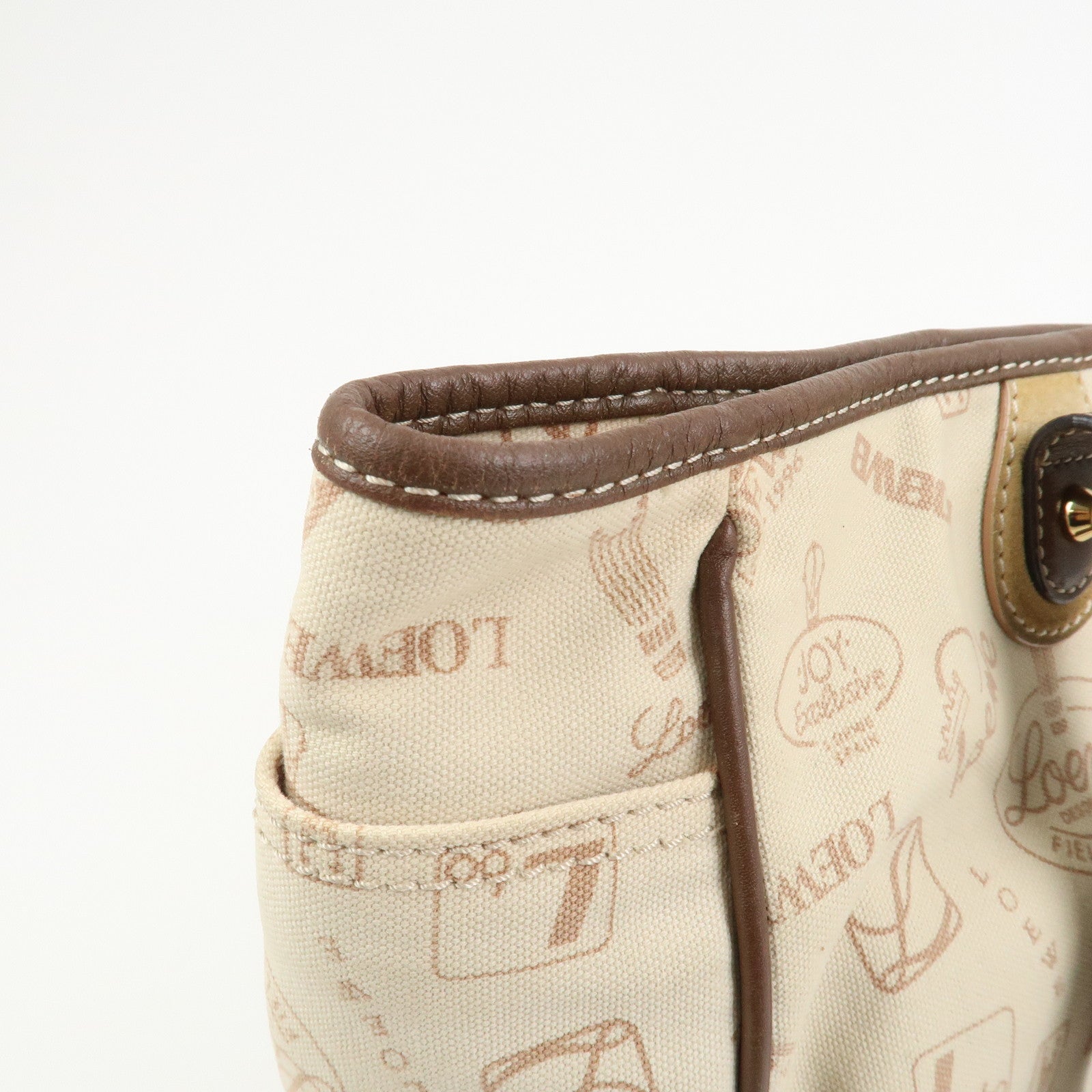 LOEWE Anagram Canvas Leather Suede Tote Bag Shoulder Bag Ivory