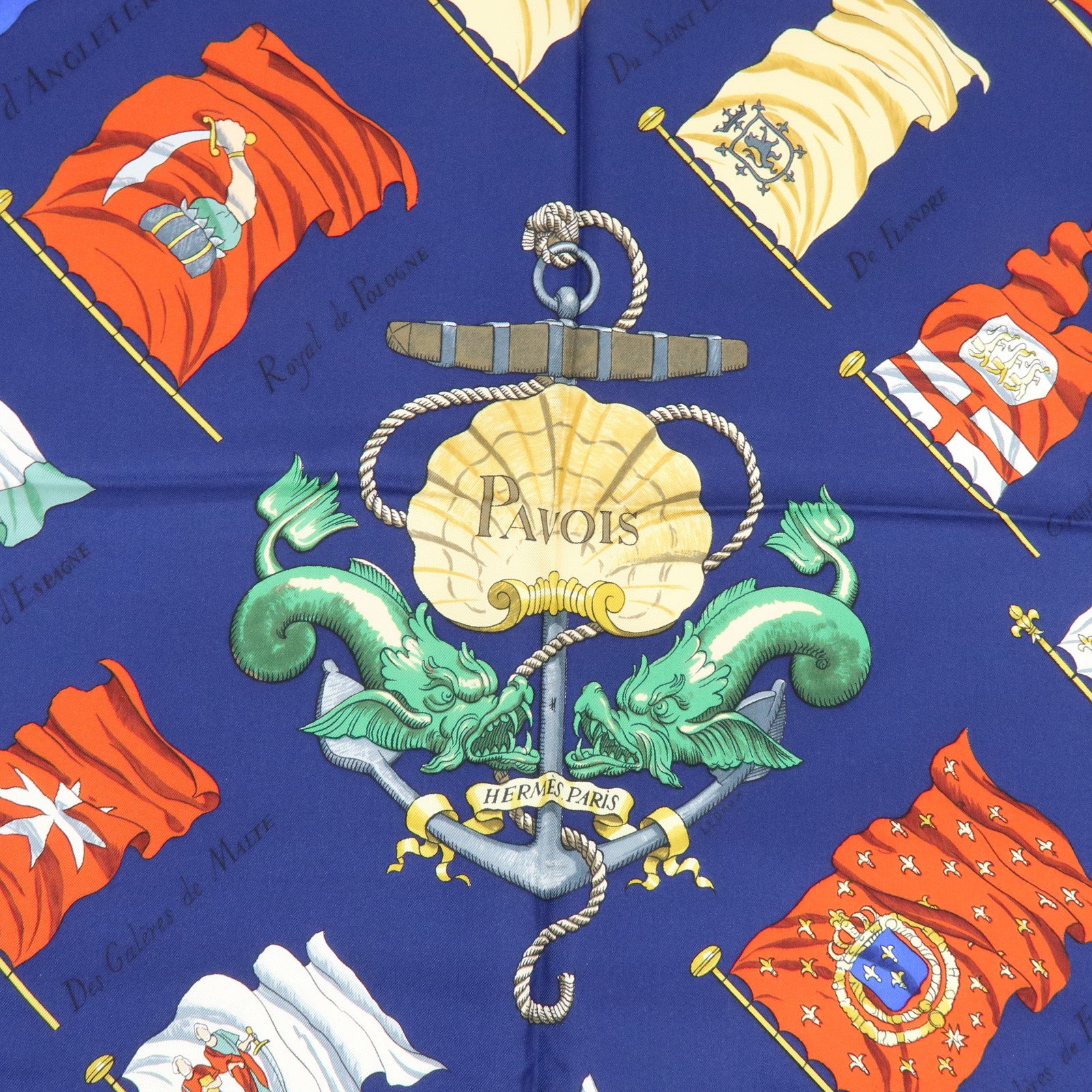HERMES Carre 90 Silk 100% Scarf PAVOIS Ship Flag Print Navy Red