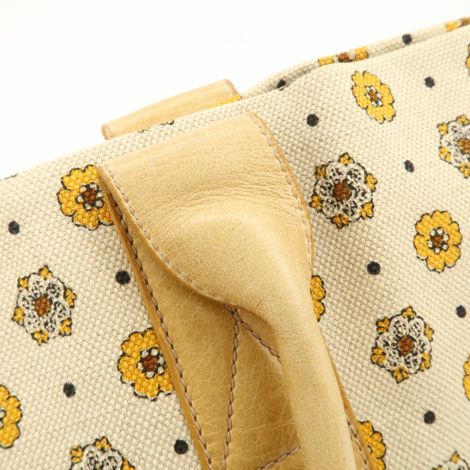 MIU MIU Canvas Leather Tote Bag Hand Bag Flower Motif Beige