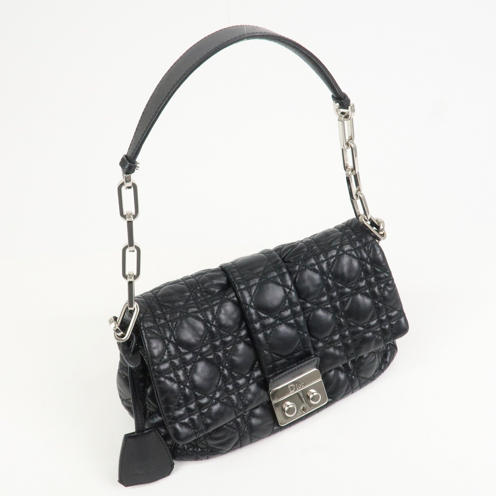 Christian Dior Cannage New Lock Leather Chain Shoulder Bag Black