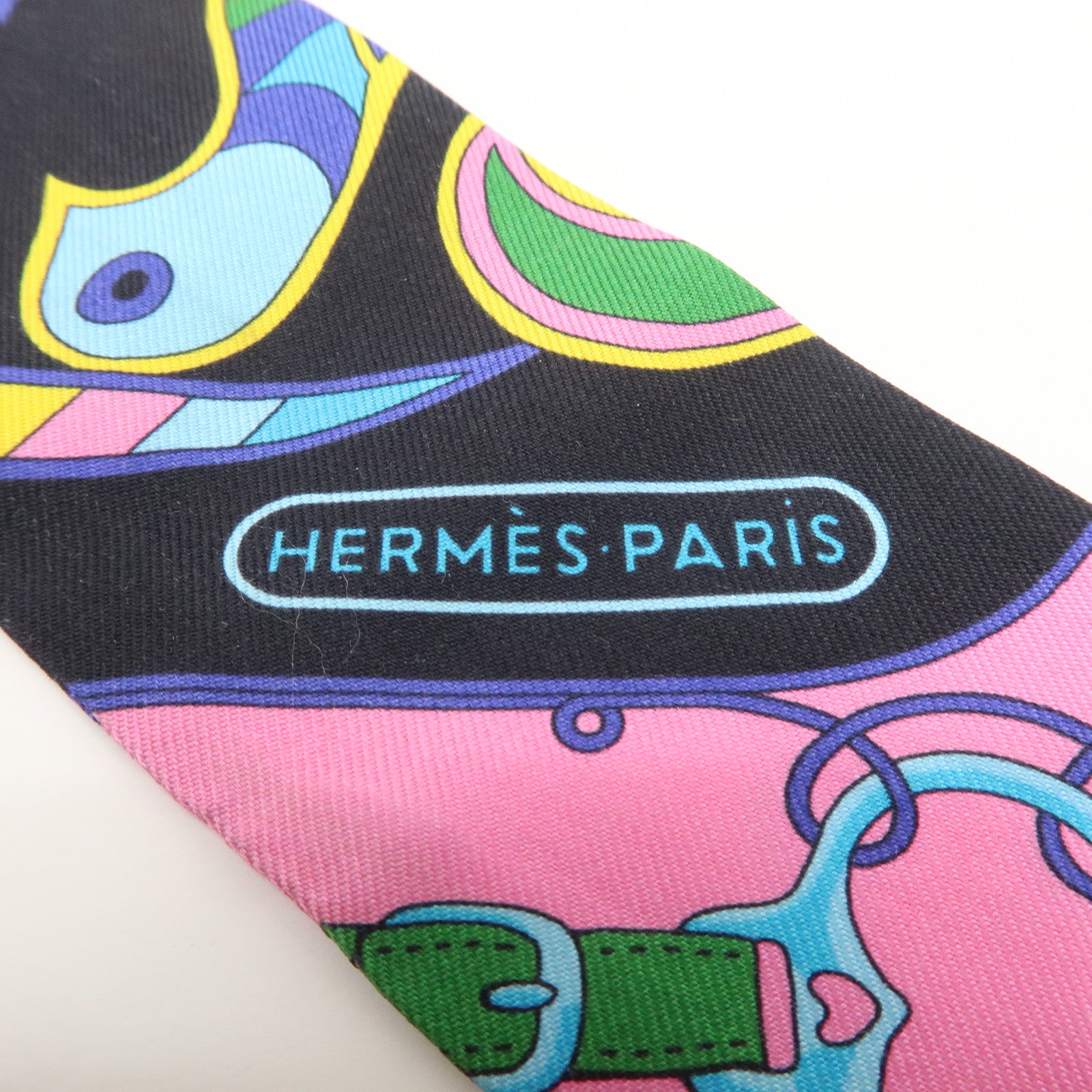 HERMES Silk 100% Twilly Scarf FOLKLORE Black Pink Used