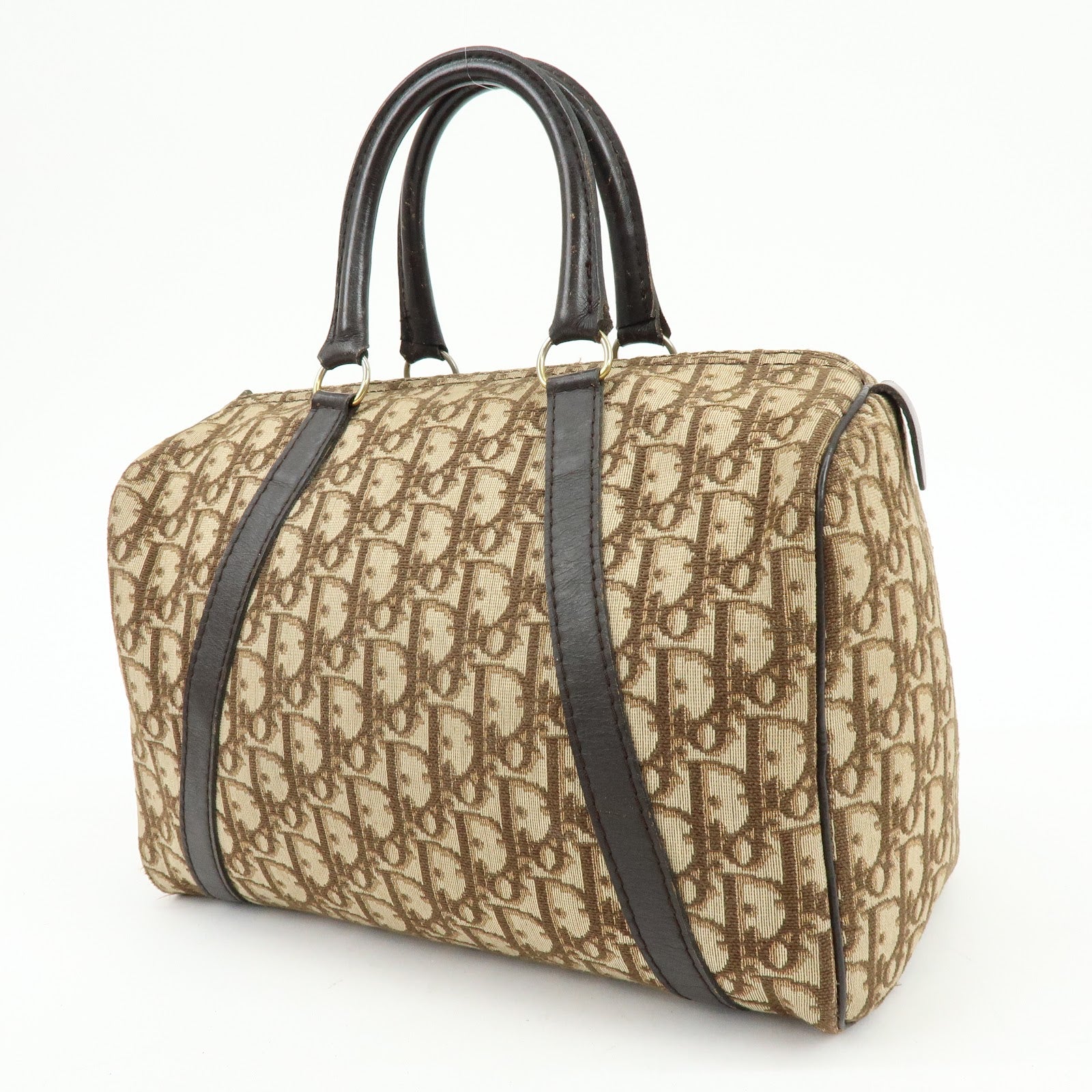 Christian Dior Trotter Jacquard Canvas Leather Boston Bag Brown