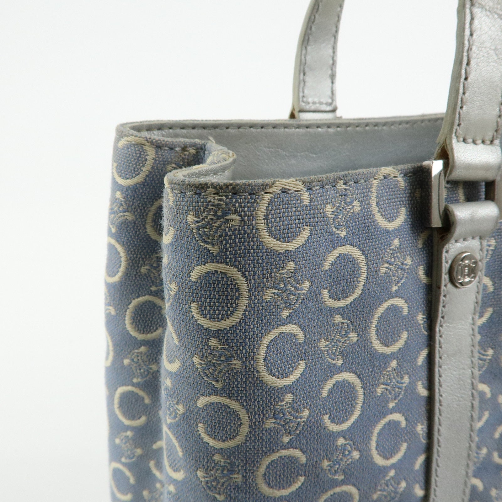 CELINE C Macadam Canvas Leather Tote Bag Hand Bag Light Blue Silver