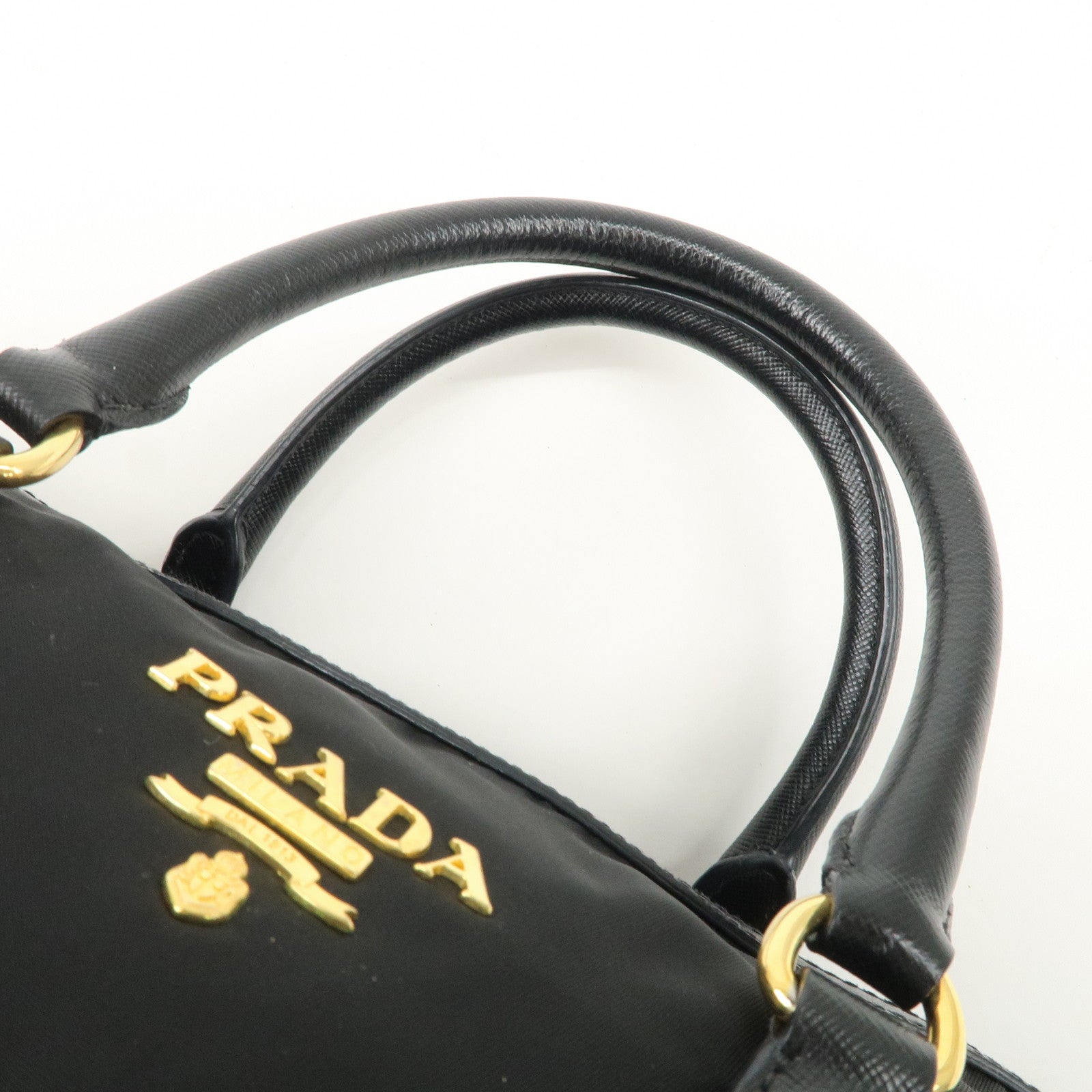 PPRADA Logo Nylon Leather Boston Bag Hand Bag Black Gold HDW Used