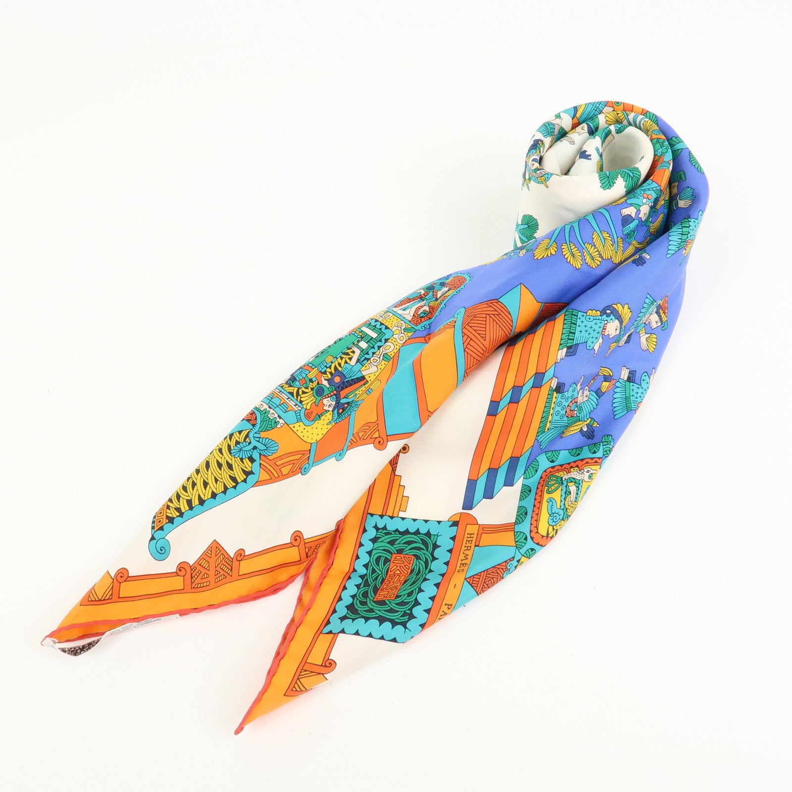 HERMES Carre 90 Silk 100% Scarf ASTRES ET SOLEILS Orange Green Blue