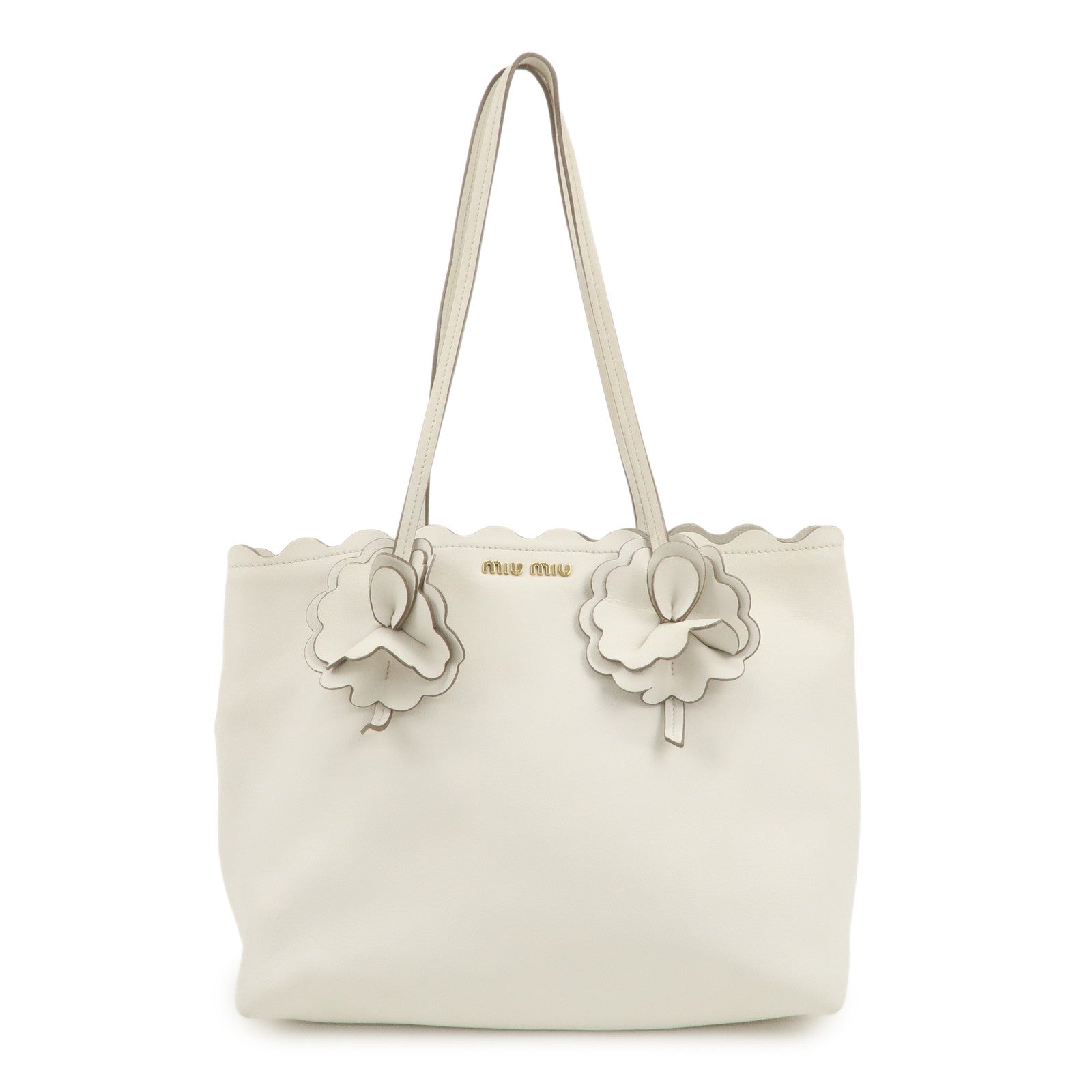 MIU MIU Leather Flower Tote Bag Hand Bag White 5BG054 Used